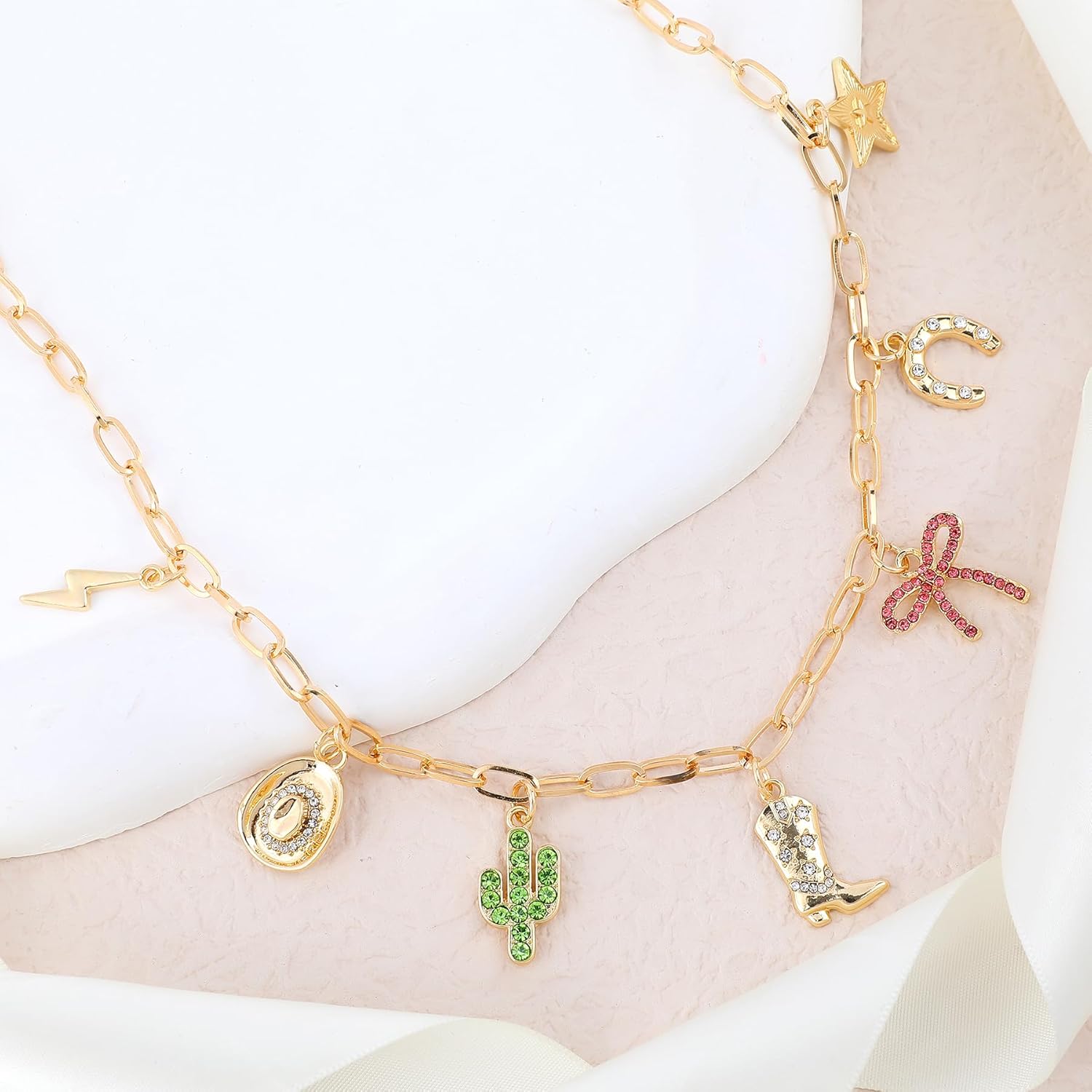 NEKOL Western Charm Necklace for Women, Stars Horseshoe Bow Cowboy Boots Cactus & Lightning Pendant Necklace with Sparkling Glass Diamonds, Fashionable Western Jewelry - Image 4