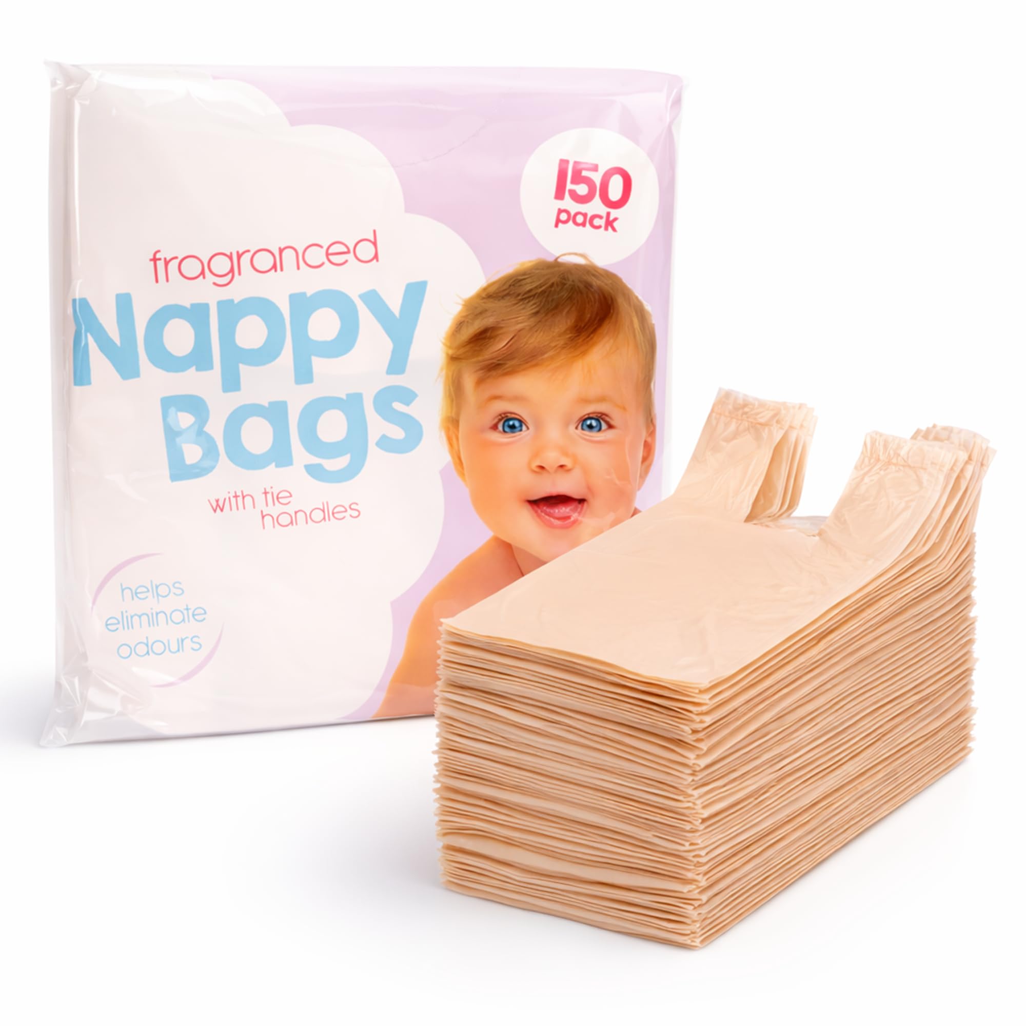 D.A.Y. Republic 150 Coloured Nappy Bags with Tie Handles, Fragranced for Eliminating Odours, Durable and Leak-proof, Light-weight and Perfect for Babies Travel Bags (150 Nappy Bags)-image-0