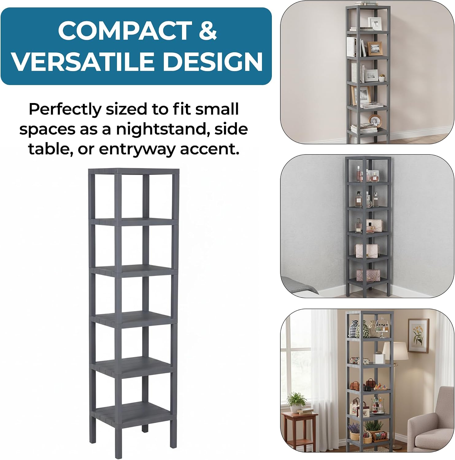 Honey-Can-Do 6-Tier Plastic Storage Shelf, Freestanding, Grey | No-tool snap assembly; waterproof resin wipes clean; tall 6-tier shelf for pantry, garage, laundry or closet