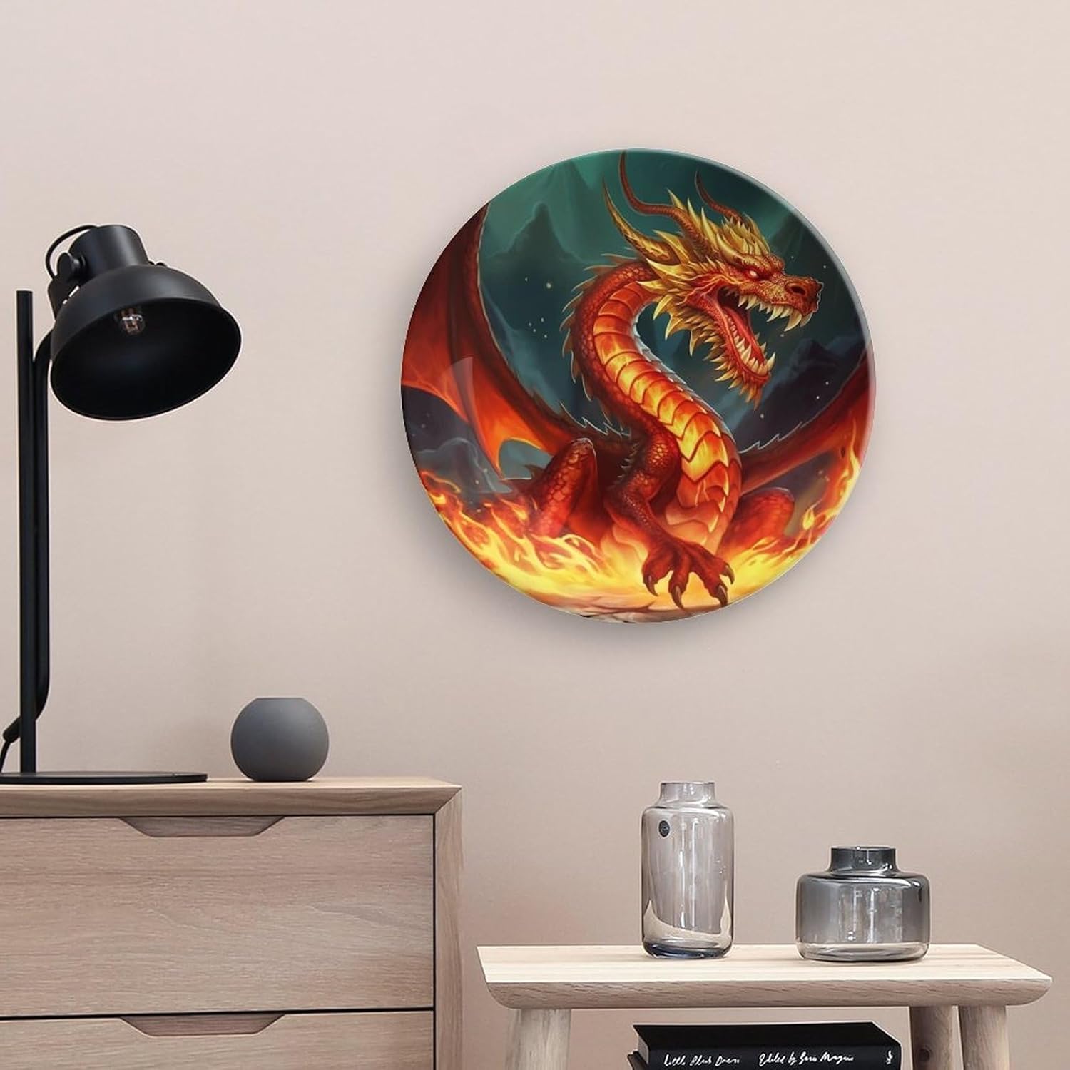Dragon King in Fire Ceramic Plate 10inch Decorative Bone China Wall Hanging Ornament Plates Bohemian Style Dinner Plate with Display Stand Cabinet Display Plates for Home Art Decor