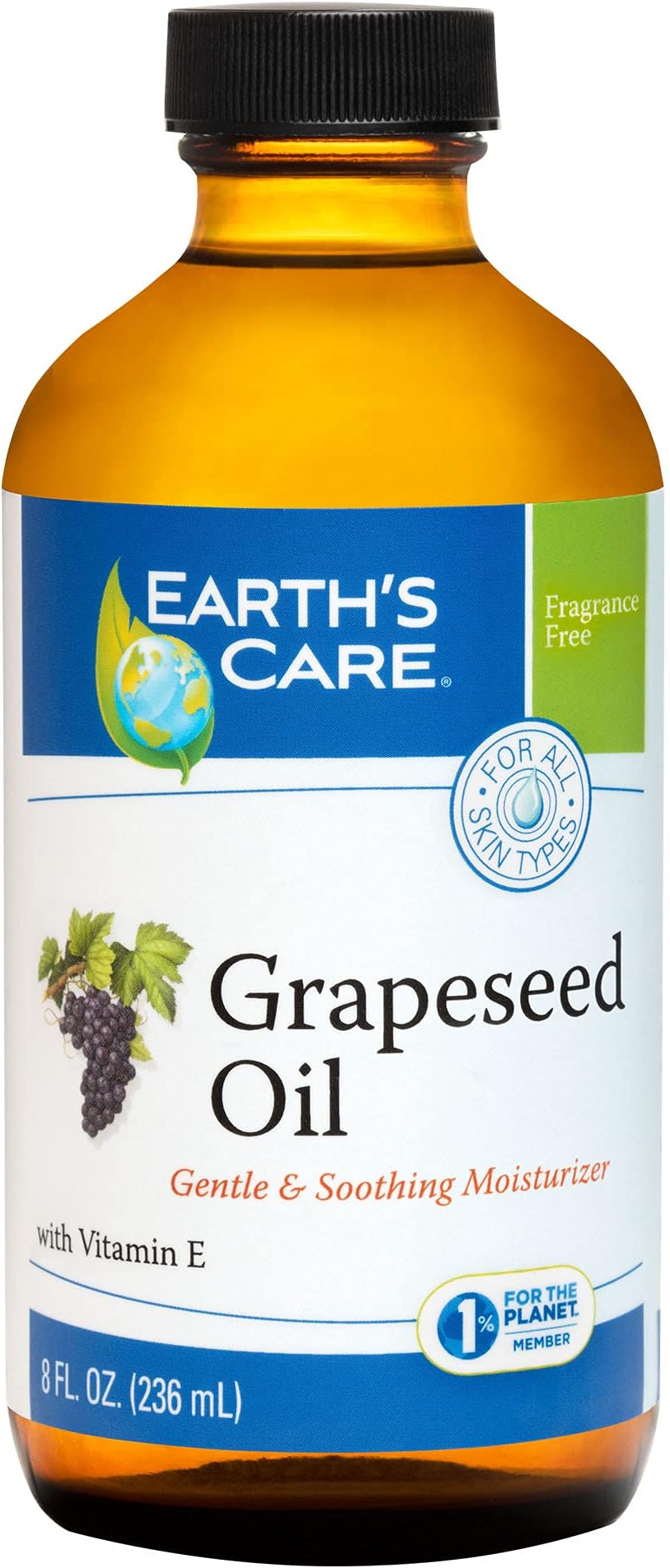 Earth's Care Grapeseed Oil - Natural, Expeller Pressed, for Skin and Hair - Lightweight Body Oil for Dry Skin, Glass Bottle, 8 FL. OZ.
