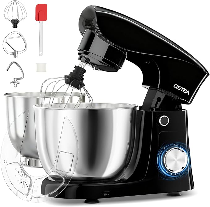 OSTBA Stand Mixer, 5QT+5.5QT Two Bowls Electric Kitchen Mixer, 10+P Speed Dough Mixer with Whisk, Beater & Dough Hook, Dishwasher Safe, Black