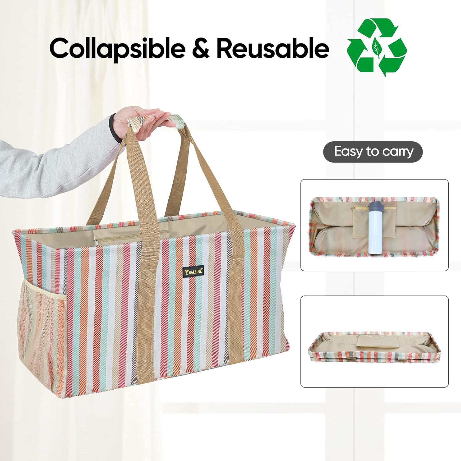 BALEINE 4 PK Grocery Bags Reusable Shopping Bags with Reinforced Bottom & Extra Large Utility Tote Bag with Reinforced Wire Frame