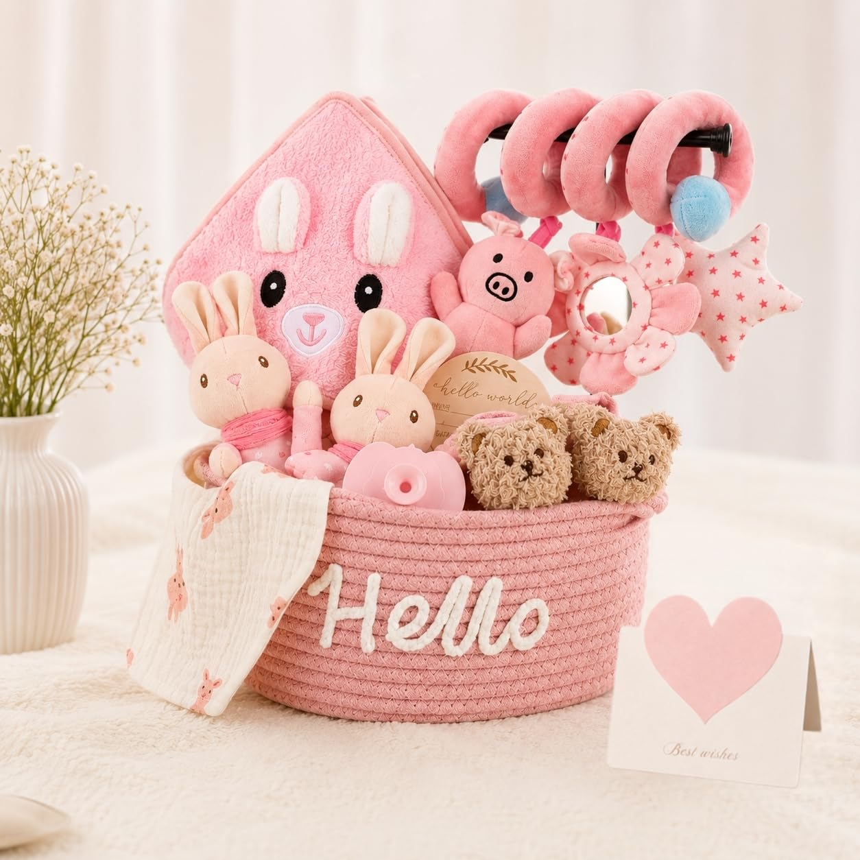 New Baby Girl Gifts Basket, 11-Piece Newborn Baby Gifts for Girl with Hooded Towel, Rattle, Pram Toy & Keepsake Basket, Gift-Ready Baby Shower Gifts for New Parents & Baby Essentials for Newborn