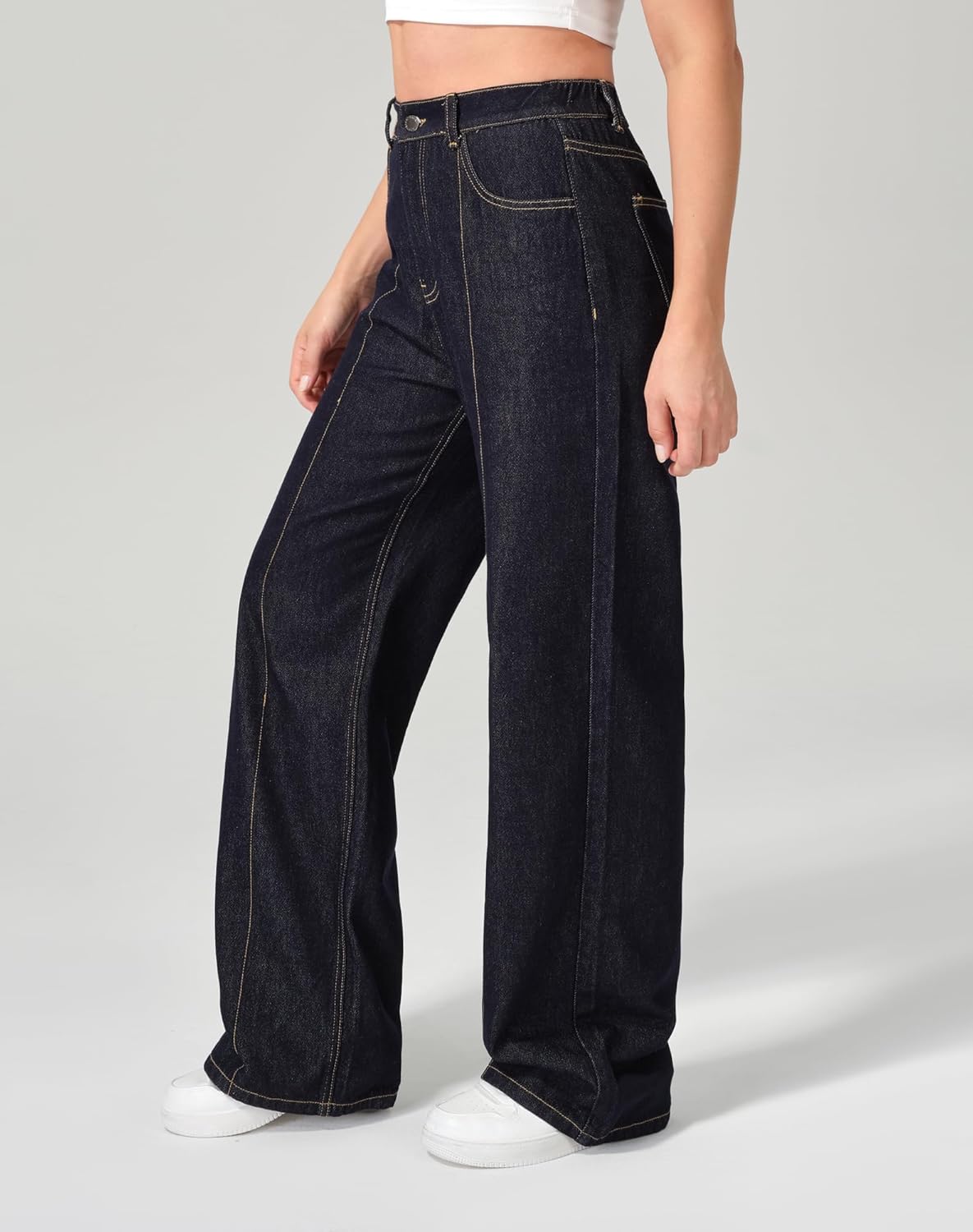 roswear Womens Wide Leg Jeans Loose Fit Front Seam Streetwear Winter Denim Pants - Image 2