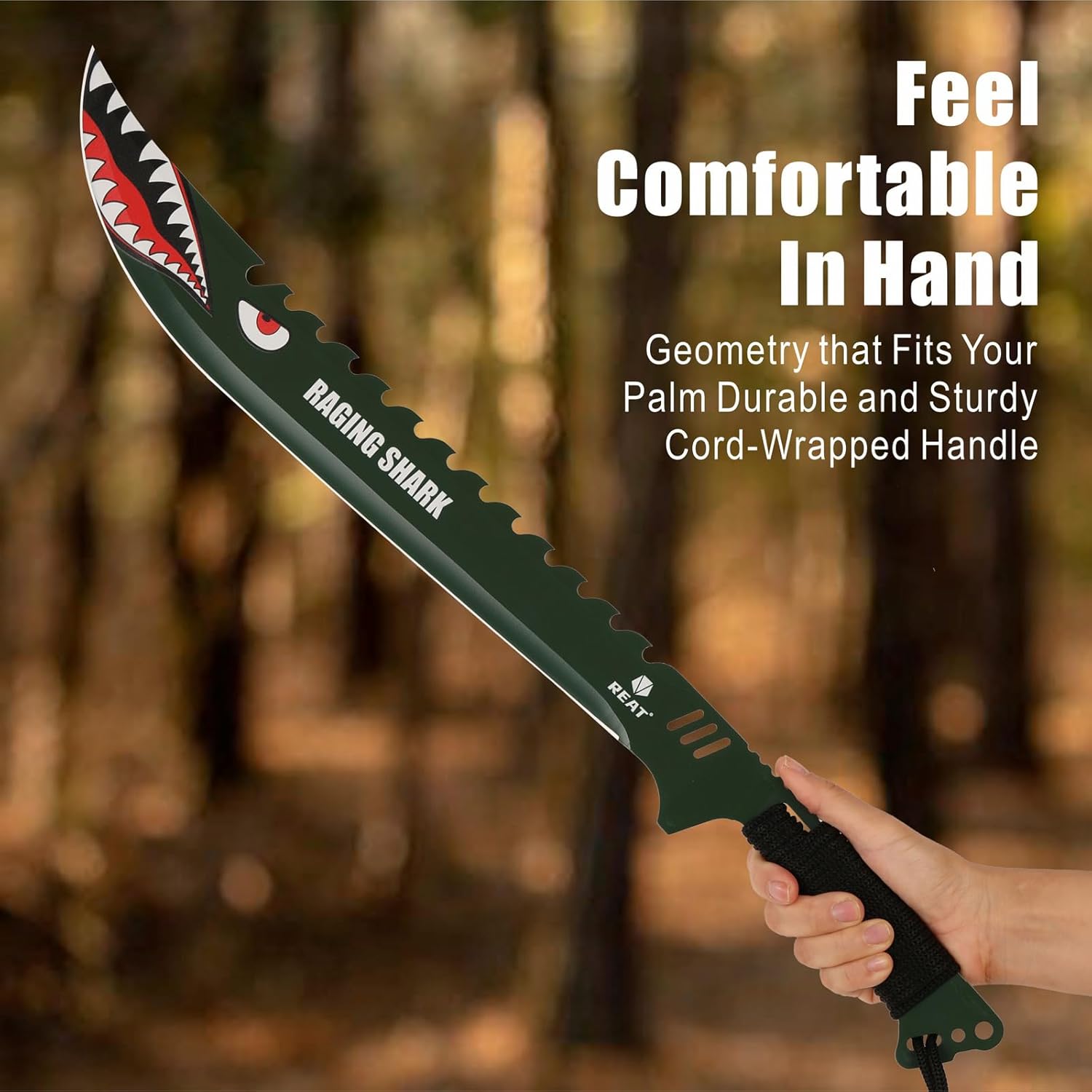 REAT Machete with Sheath, 25.5" Full Tang 420 Stainless Steel Blade with Raging Shark Green Coating,Non-silp Cord-Wrapped Handle for Yard Work, Cutting Trees,Camping - Image 5