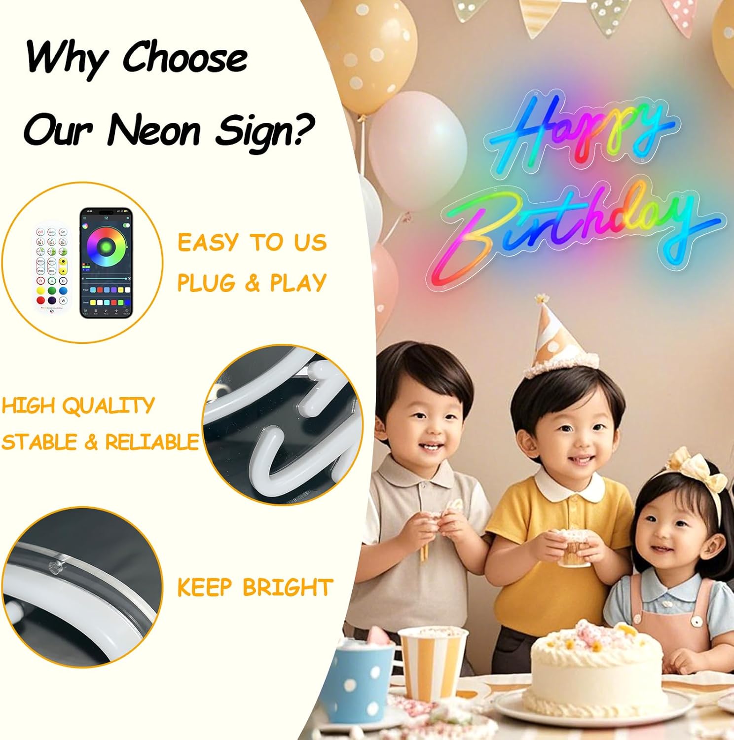 Happy Birthday Neon Sign Large - Colorful Happy Birthday Sign Reusable Neon Signs for Wall Decor, LED Sign for Birthday Party with Remote 200+ Colors, App Control, Music Sync, Birthday Gift for Boys & Girls - Image 3