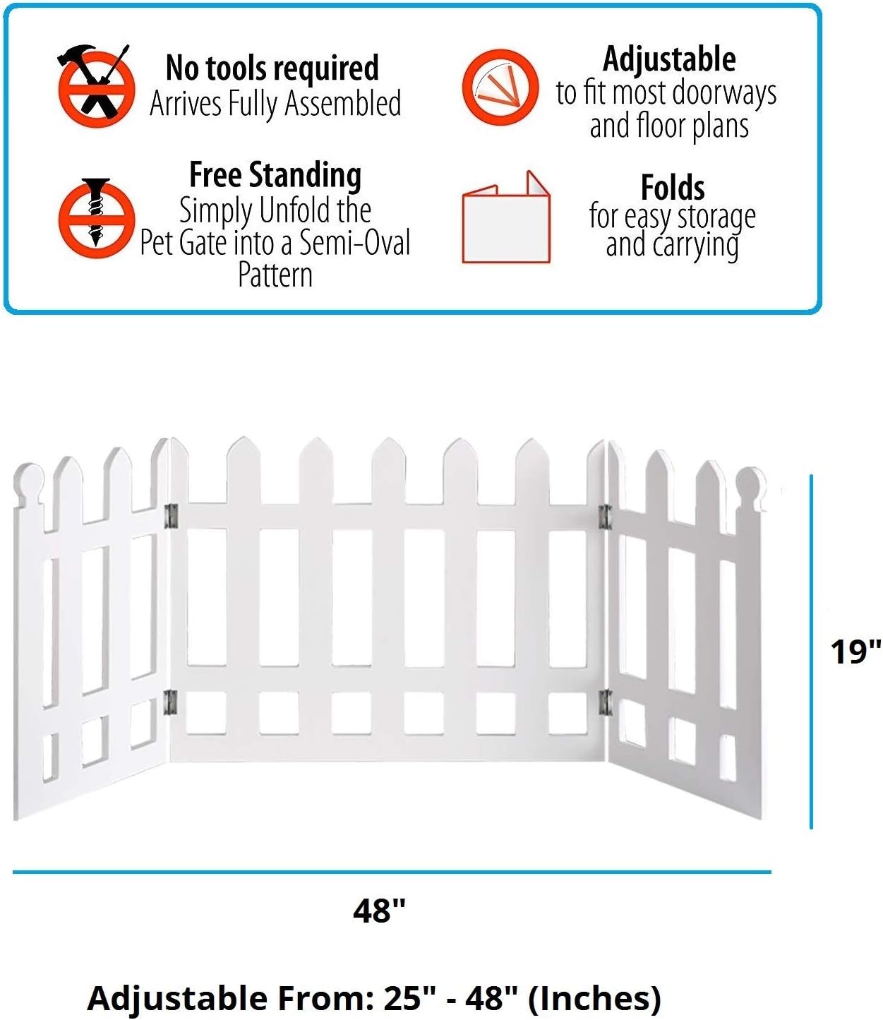 3 Panel Wood Picket Fence Design Pet Gate - 19 Inches Tall and Expands Up to 48'' Wide Durable Lightweight Extra Wide Wooden Expandable & Folding Home/Indoor/Outdoor Dog Fence