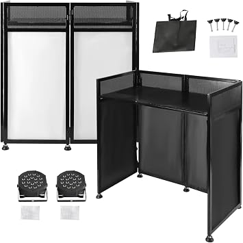 DJ Booth DJ Facade Table Station 82.7x44inch DJ Facade Booth Adjustable Height DJ Stand Foldable Metal Frame DJ Booth Panel DJ Controller Stand with 2LED 7Color Lights 2Scrims and Carrying Bag