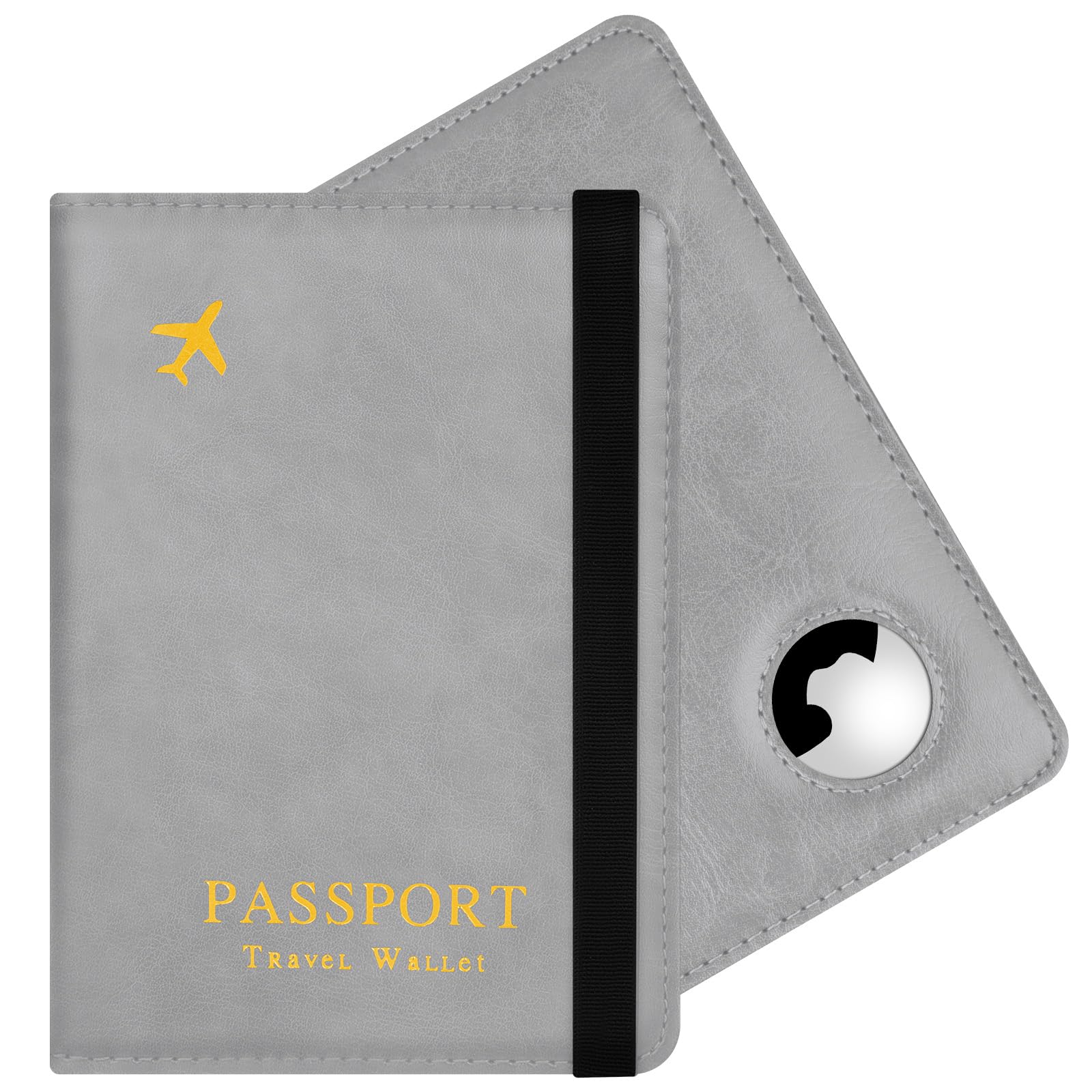 Ochrona paszportu, Airtag Pokrowiec na paszport Etui na paszporty ze skóry PU z ochroną RFID Portfele paszportowe na dokumenty podróżne Bilet lotniczy, Szary, 15.1 x 11 x 1.42 cm, Klasyczny