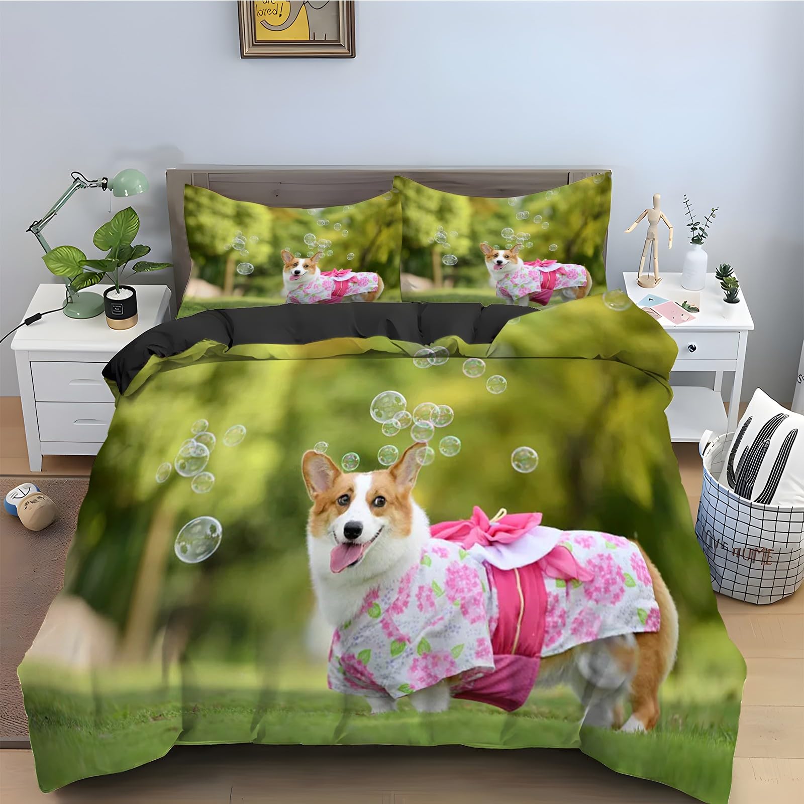 Housse de couette 200x200 Corgi zippée anti-glissement en microfibre douce rose