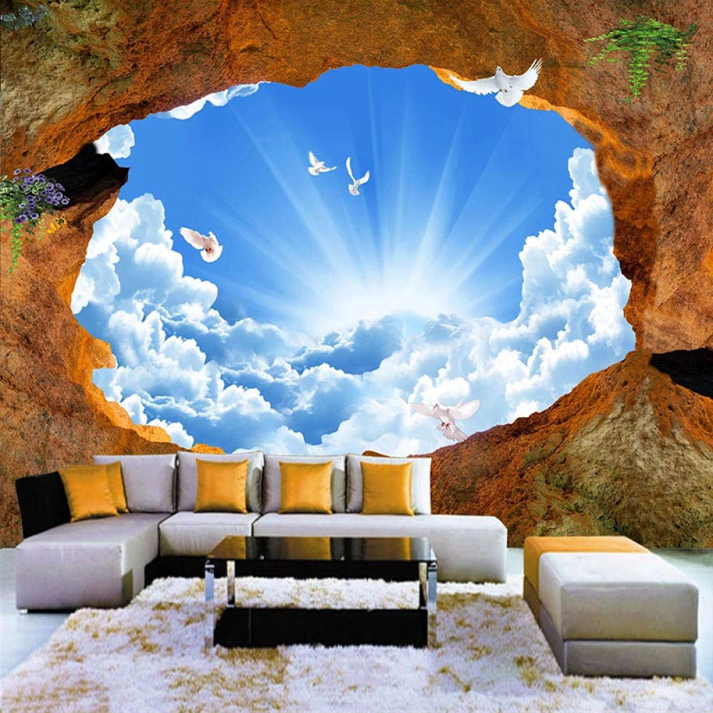3D Natura Krajobraz Błękitne Niebo Białe Chmury Jaskinia Kamienna Ściana Duży Mural Tapety Malarstwo Salon Sypialnia Zdjęcie W Tle,400(W)*280(H) Cm