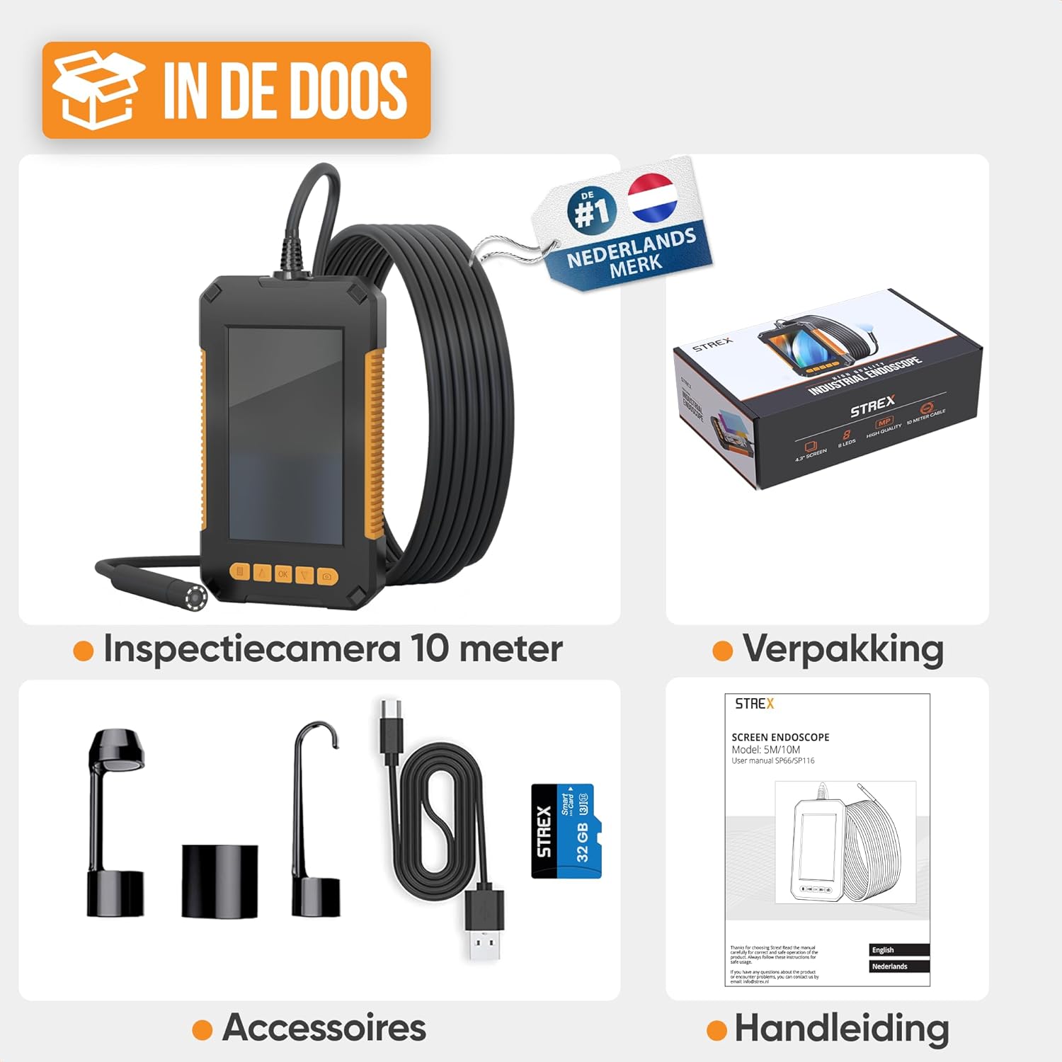 Contents of the Strex SP66 Inspection Camera box: the camera unit, packaging, various accessories including charging cable and attachments, and the user manual.