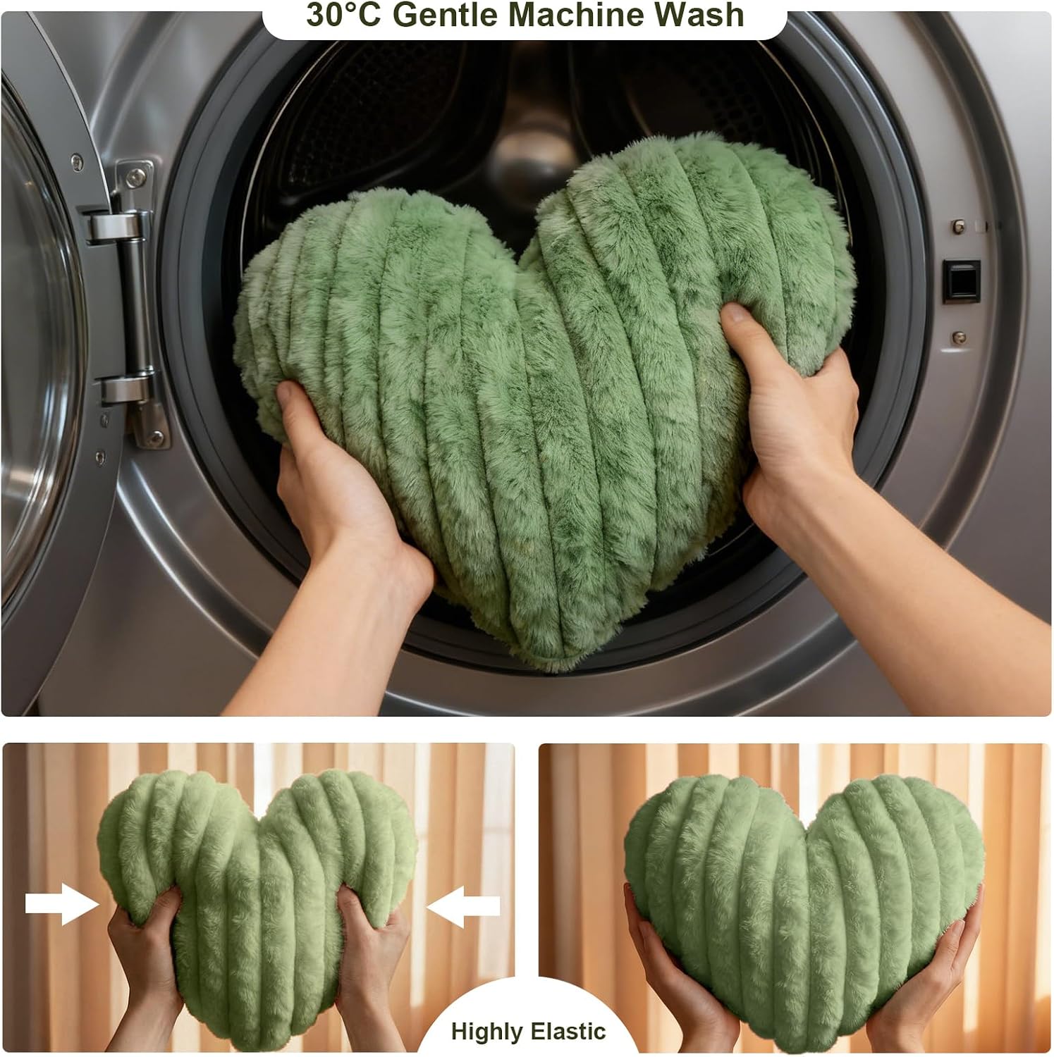 2PCS Pink Heart Throw Pillows, 16 Inch Soft Fuzzy Faux Fur Heart-Shaped Pillows, Cute Decorative Cushions for Couch, Chair, Bed & Bedroom Decor (Sage Green, 16 * 14)