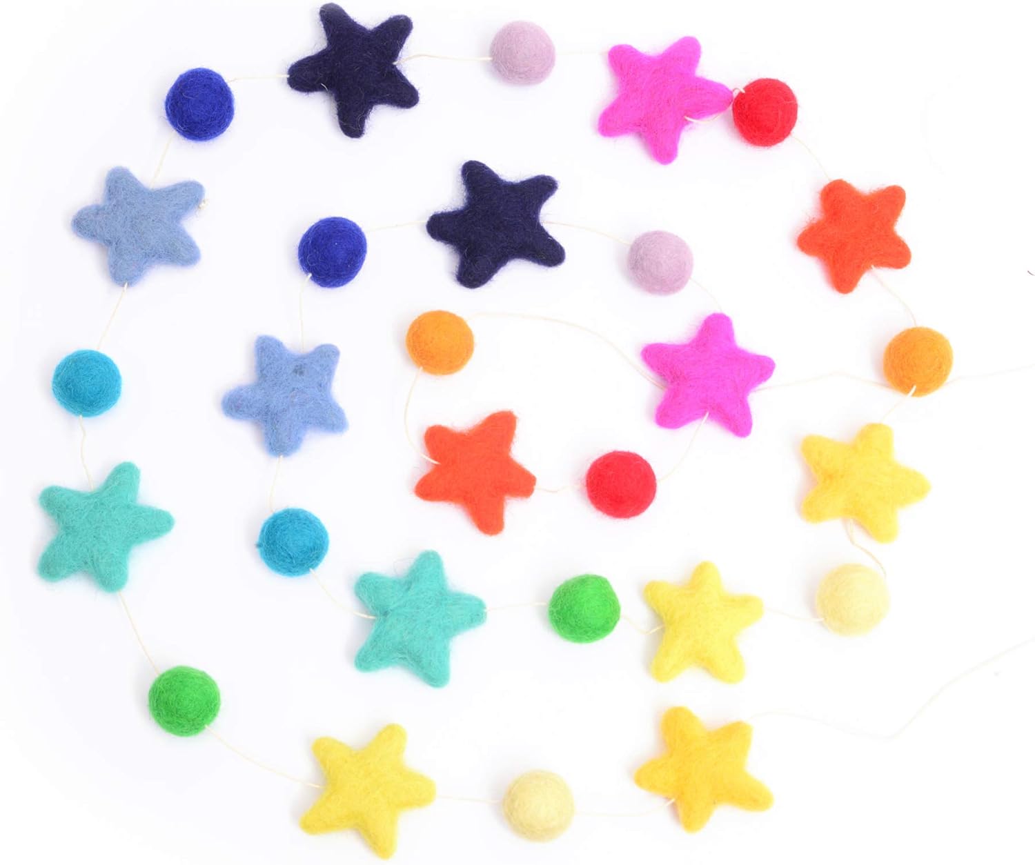 Glaciart One Pom Pom Garland - Wool Felt Ball Garland - 9 Feet, 18 Balls, 18 Stars, 14 Rainbow Colors, Nursery Decor, Bunting, Birthday Party Decorations, Carnival, Photo Prop