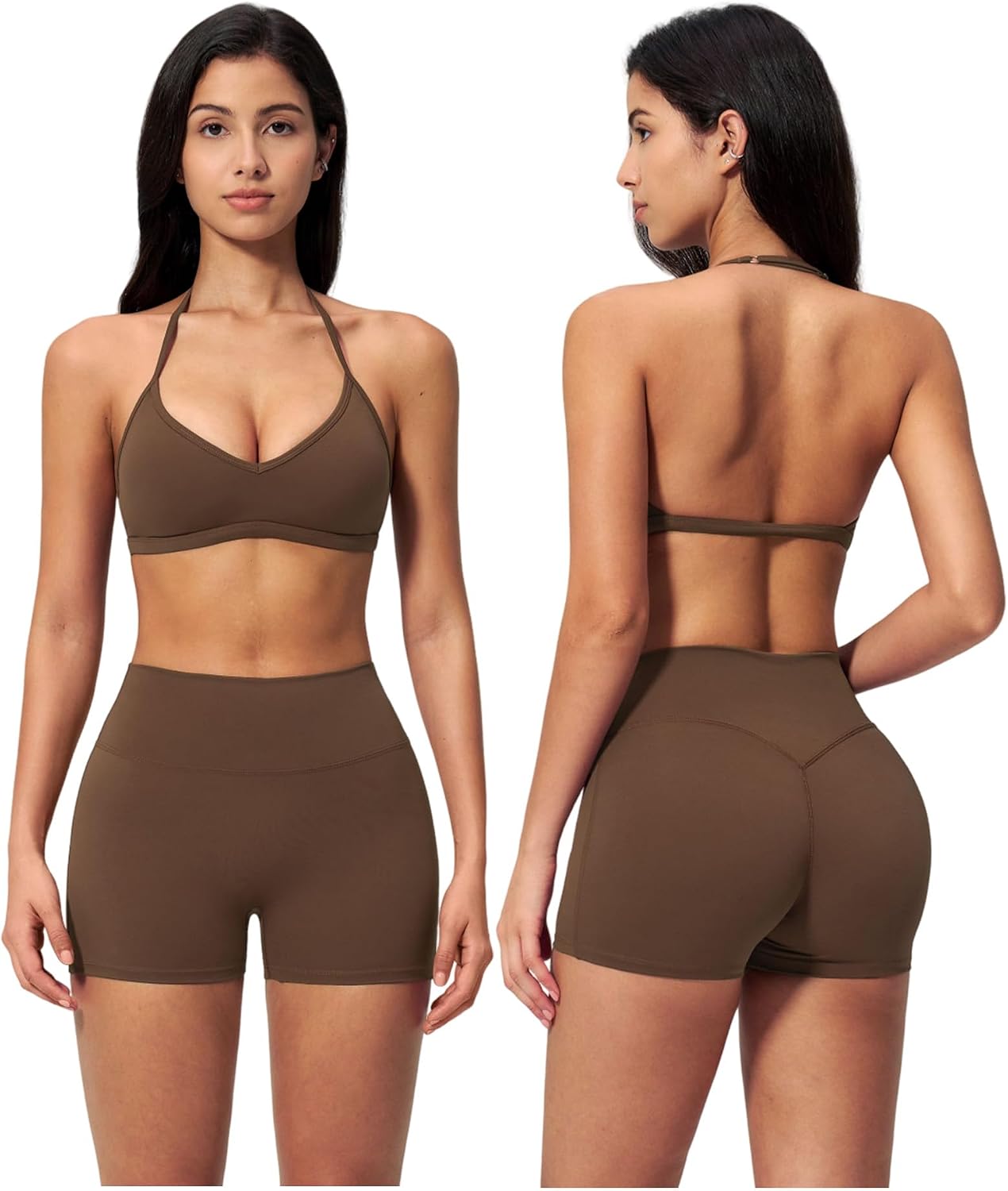 Women 2 Piece Workout Sets Open Back Halter Sports Bra High Waist Tummy Control V Neck Active Shorts Yoga Outfits