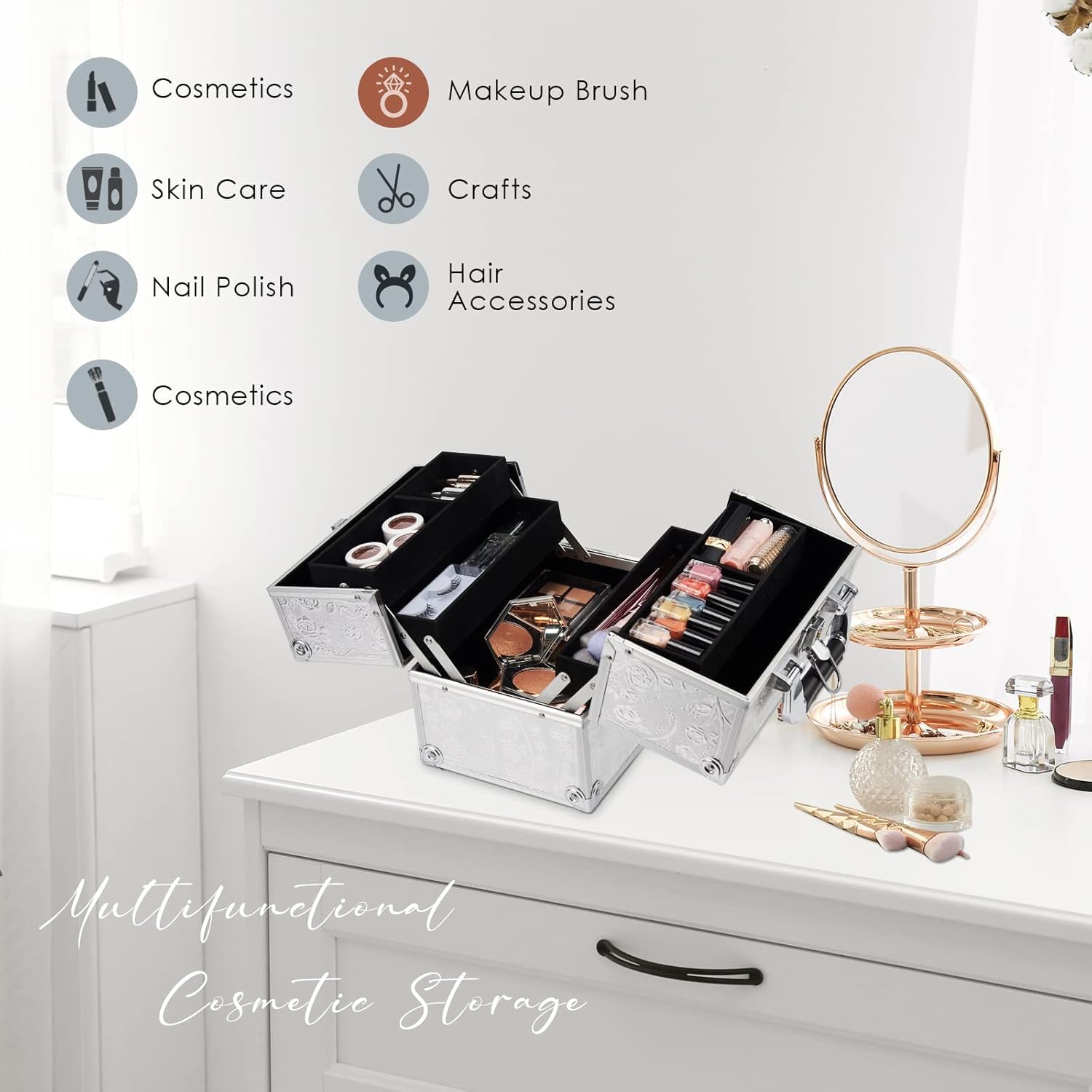 Beauty case con 4 vassoi, organizer per cosmetici, con serrature, Rosa argentata.