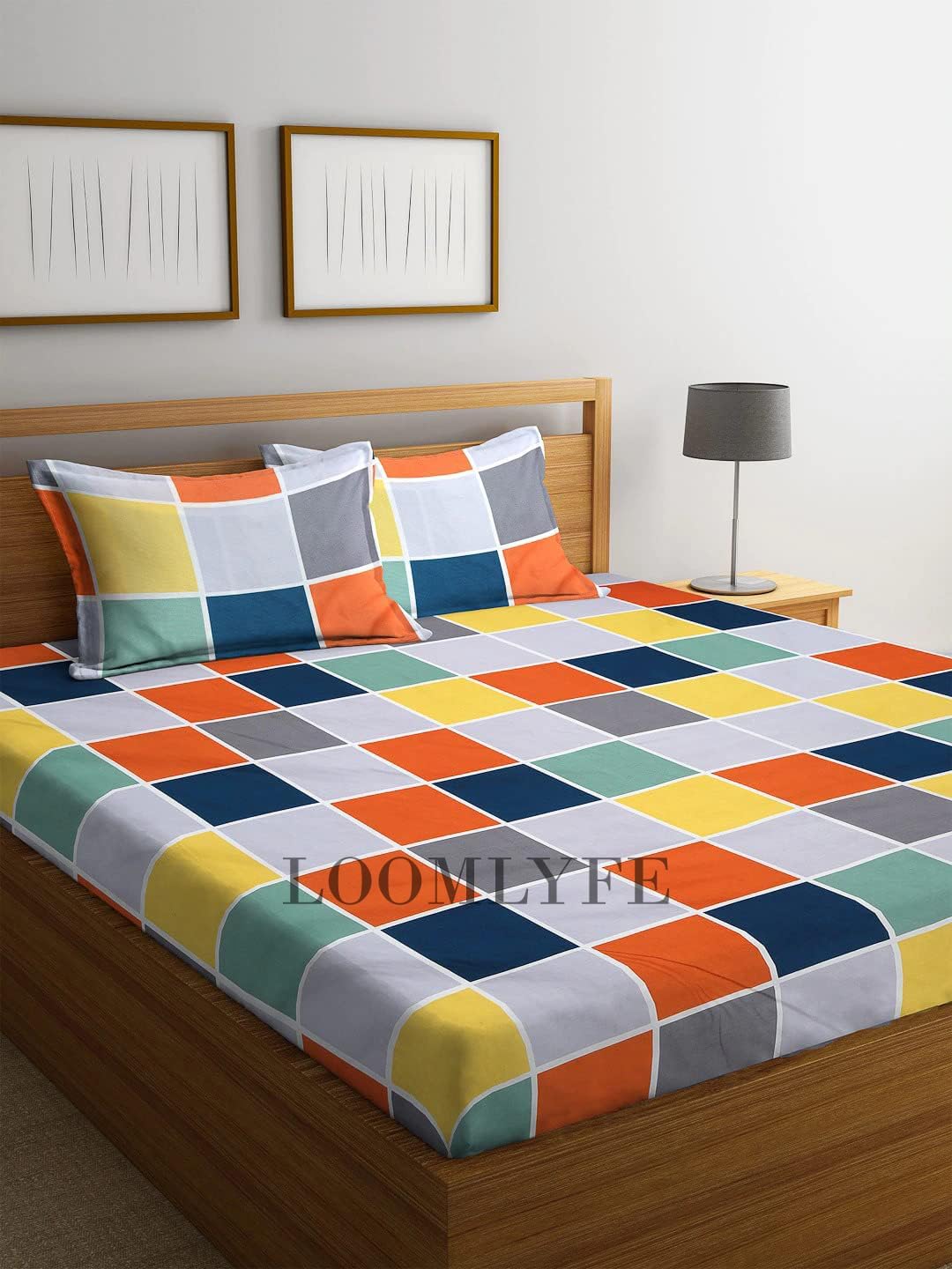 LOOMLYFE Cotton Feel Glace Cotton Elastic Fitted Printed King Size Double Bed Bedsheet with 2 Pillow Covers Fits Upto 8 inches Mattress,Size- 72x78x10 Inches,Multibox