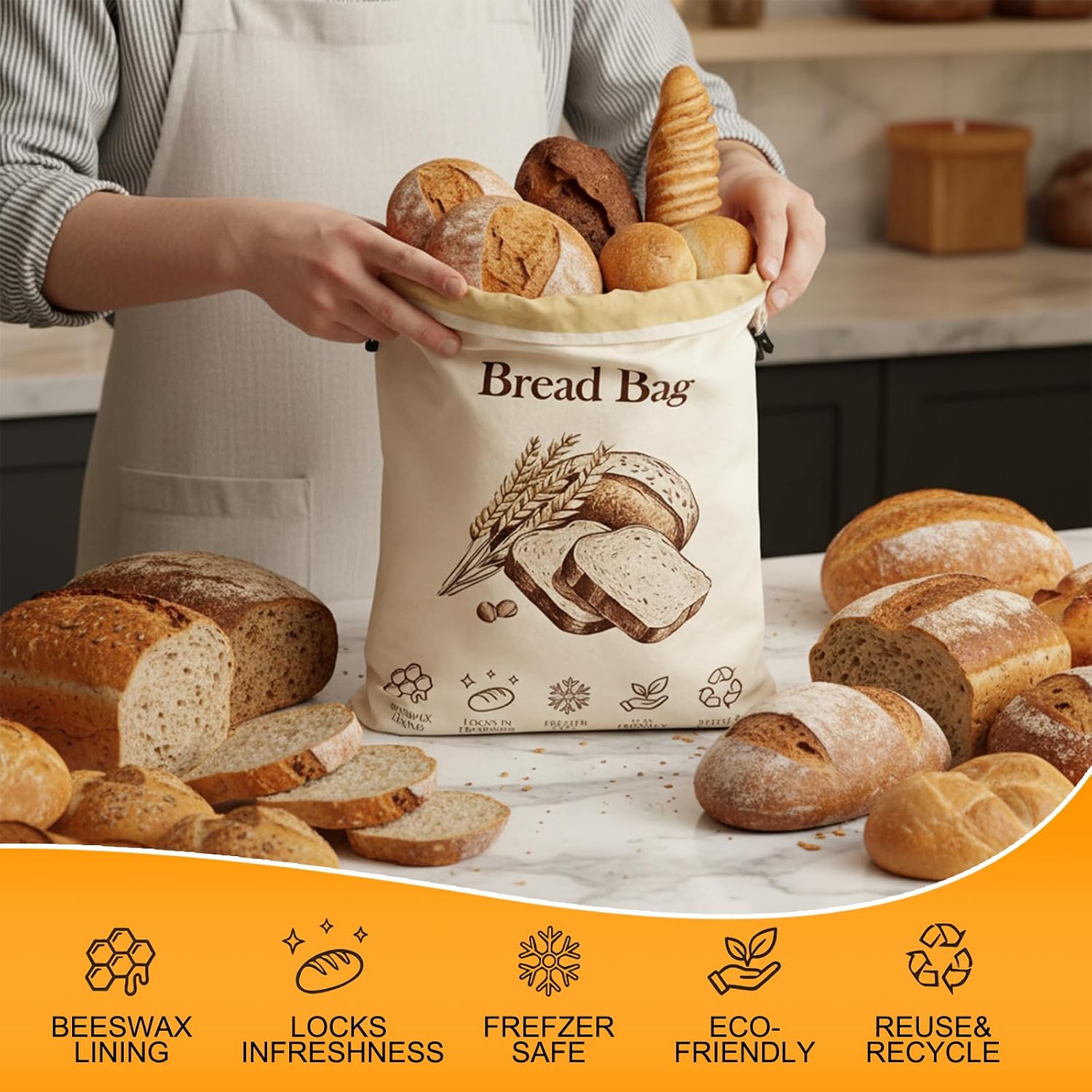 Beeswax Bread Bag, Bread Bags for Sourdough, 17 x 13 Inches Eco-Friendly and Reusable Cotton Beeswax Lined Food Storage Bag, Freezer-Friendly & Freshness Preservation (2pcs)