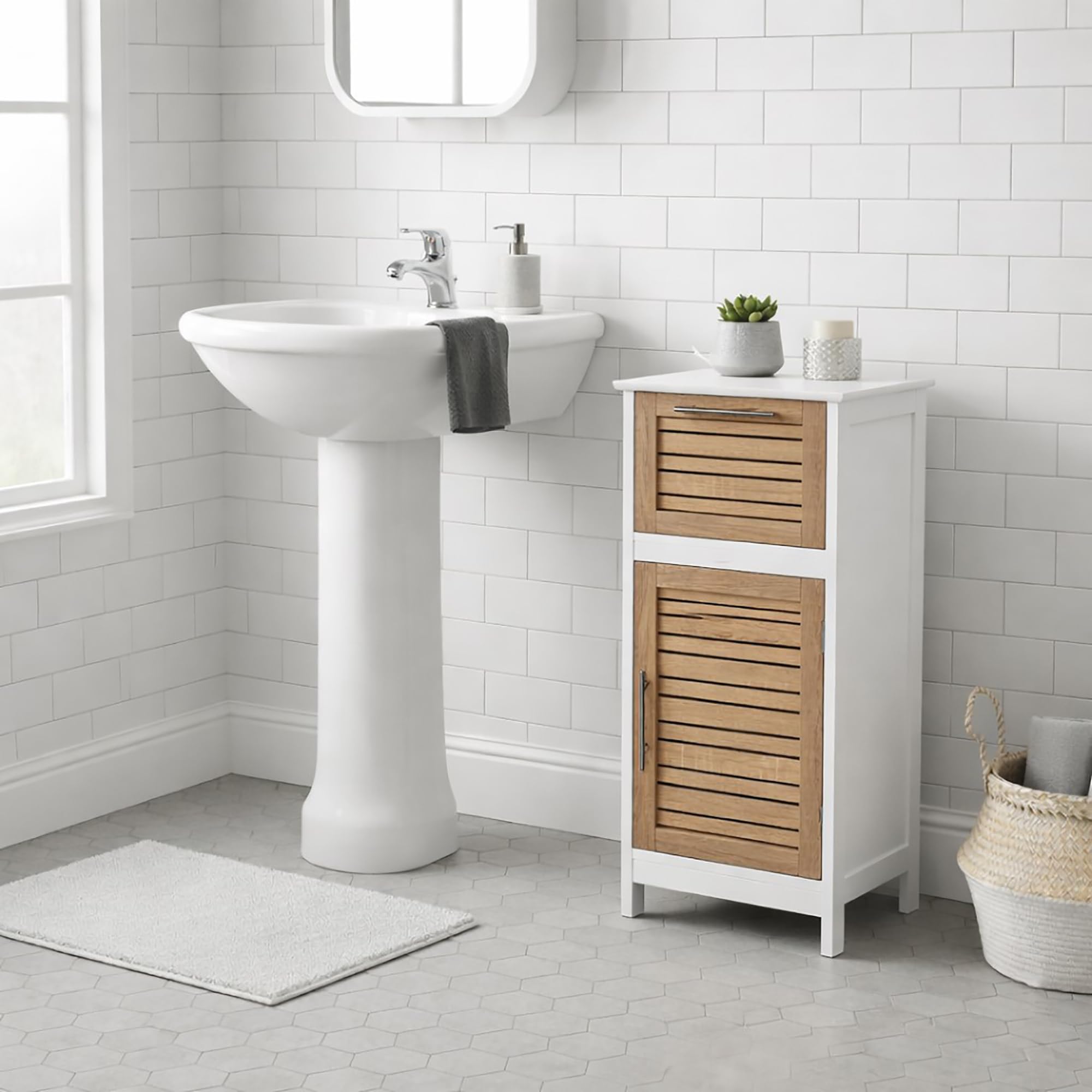 Tendance Colonne Meuble bas de salle de bain - 1 porte et 1 tiroir - Aspect Chêne vieilli