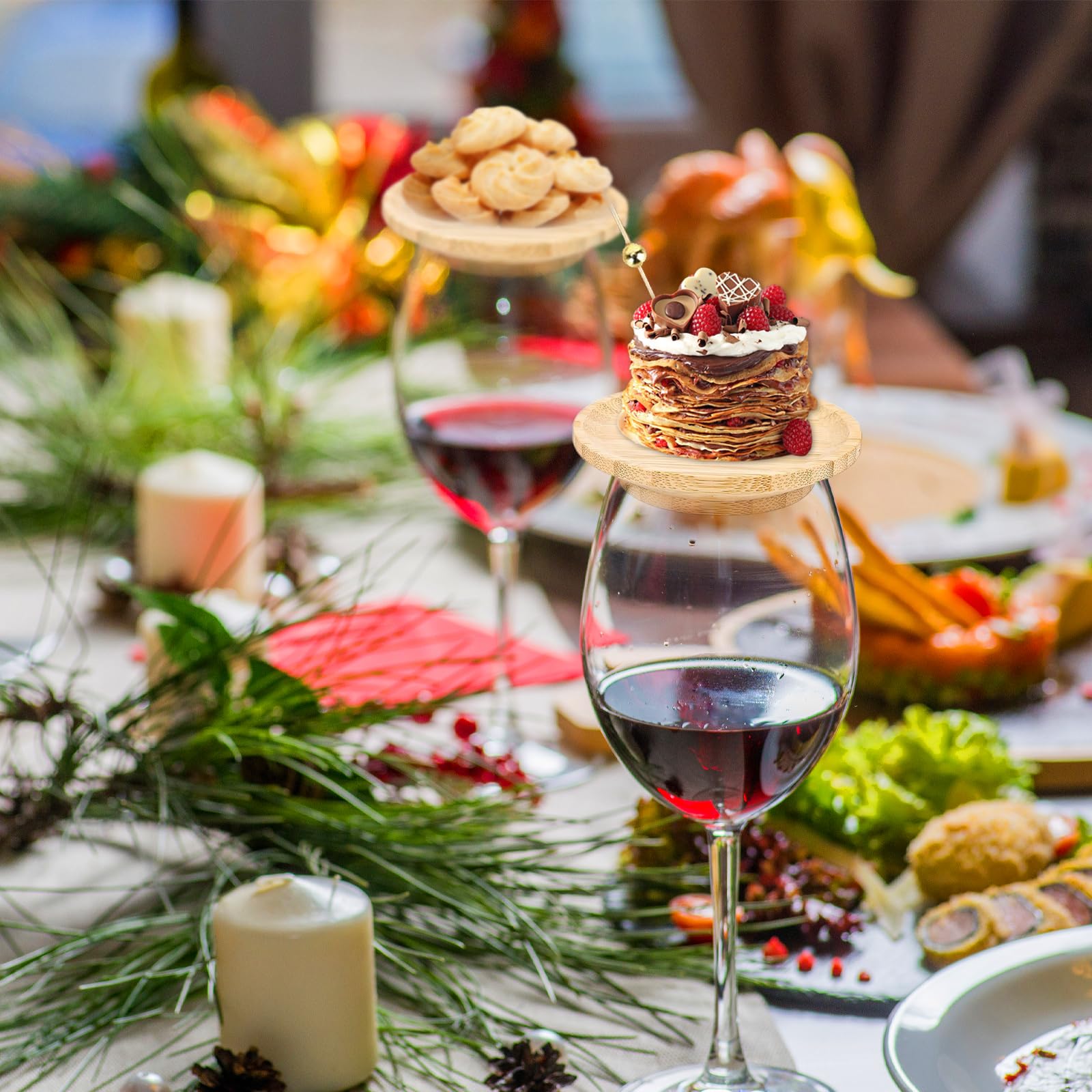 Tapas de Madera, 8 Piezas Tapas para Copas de Vino, Cubrecopas de Madera para Vino, Redondo, Adornos de Madera para Copas de Vino, para Postres, Bebidas, Cenas Familiares y Fiestas