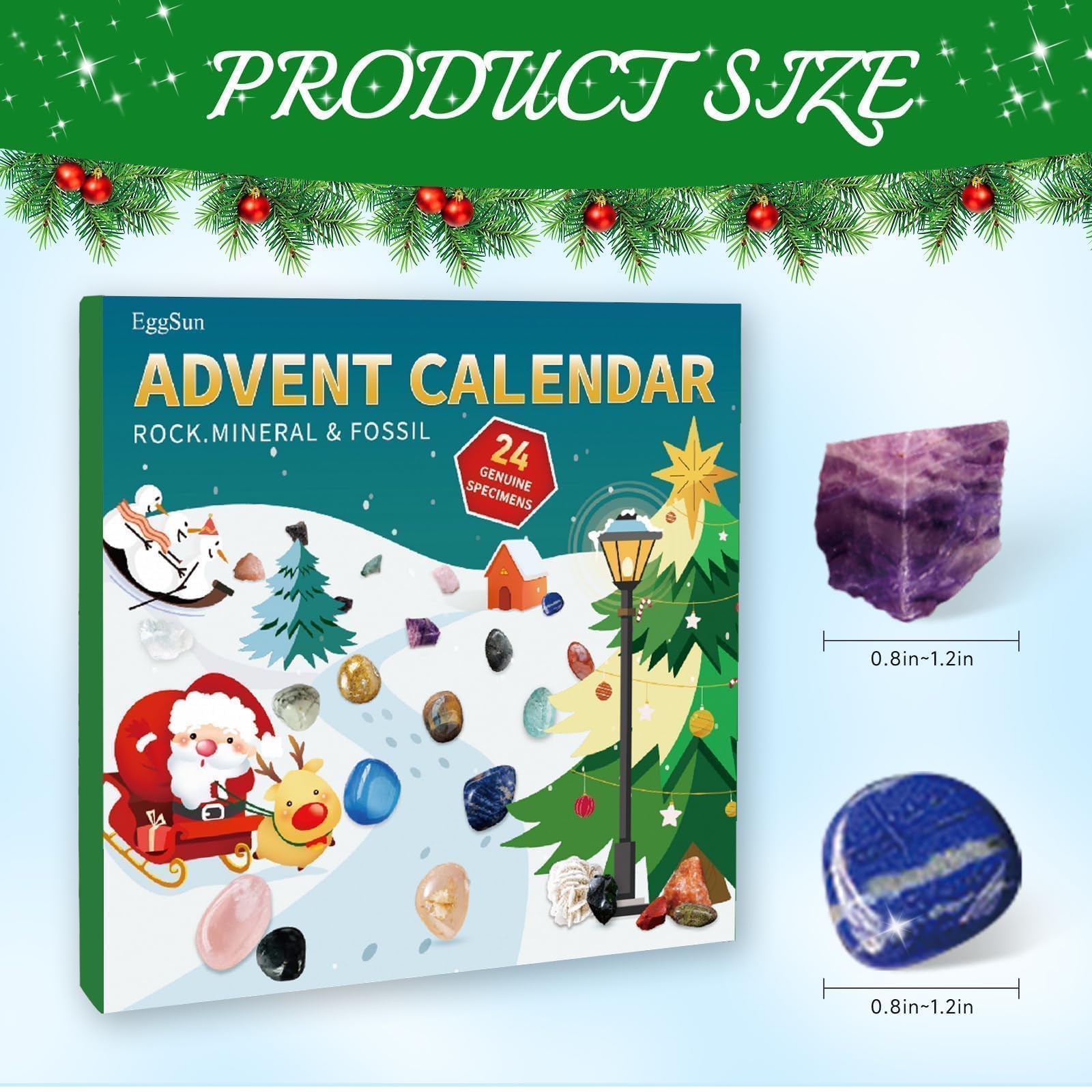 EggSun Crystal Rock Advent Calendar 2024,Winter Gift Countdown Calendar,Winter Natural Rock Minerals Fossils Stone Collection Toys with Gift Box Gem for Girls Boys Geology Enthusiasts