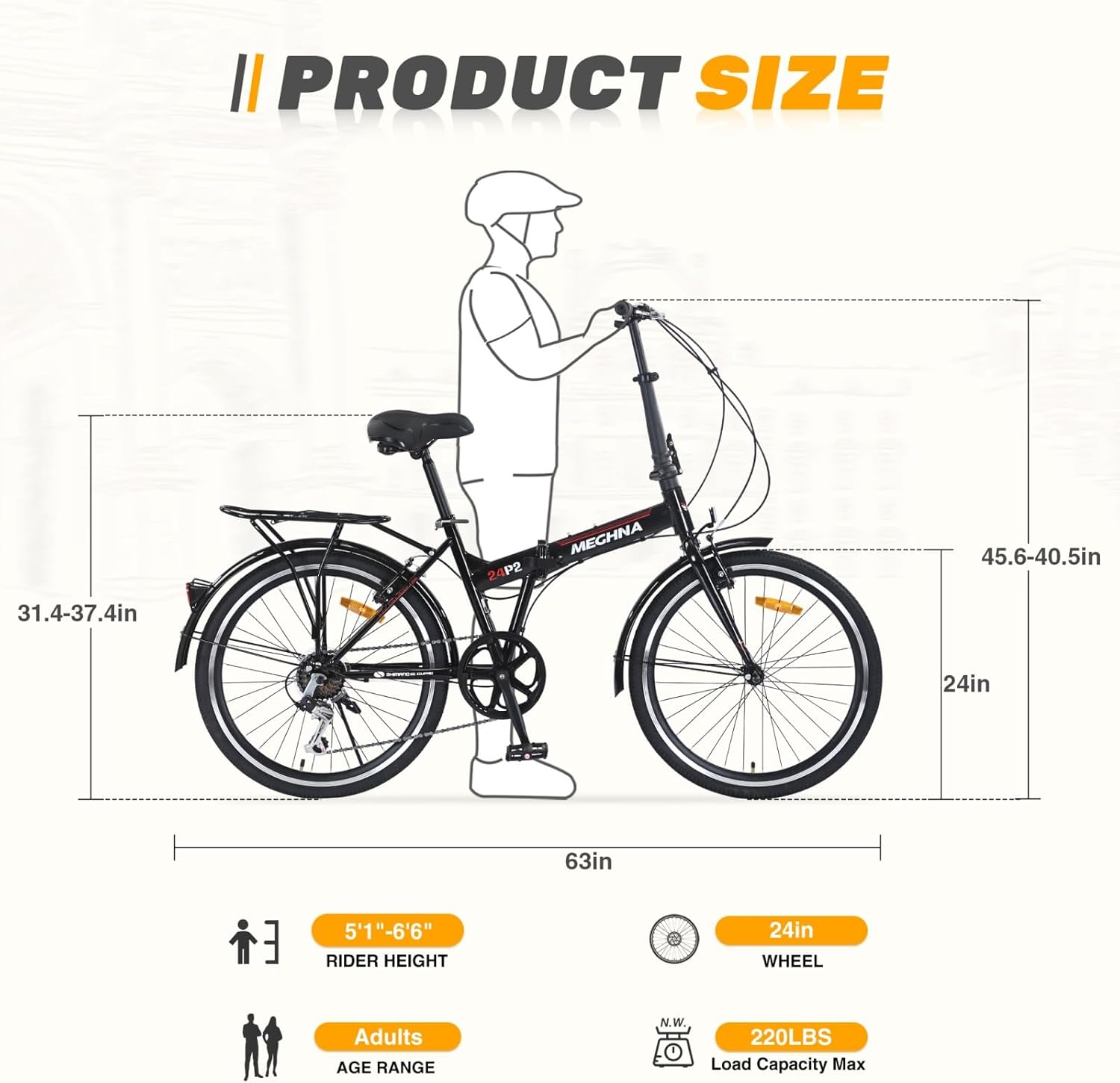 Folding Bike for Adults, Steel Frame Bicycle 7-Speed, 24 * 1.5" Wheels Bicycle with Front & Rear V Brakes, Anti-Skid Tires,Integrated Rear Carrier, for City Commuting, Fold Up Bike Men Women