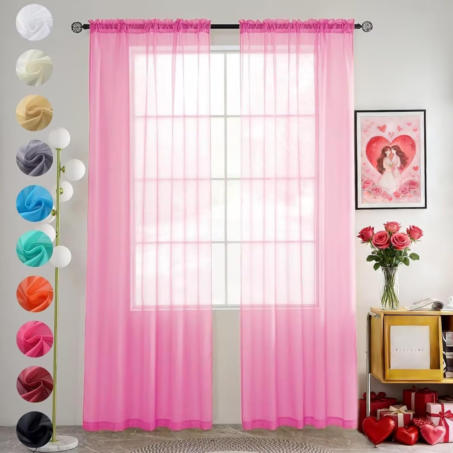 youleyar Solid Sheer Rod Pocket Curtain Voile Draperies 2 Panels White Beige Black Grey Coffee 52 Inch Width 84 Inch Long 1 Pair for Kitchen Bedroom Children Living Room Yard (New Pink,52Wx84L)