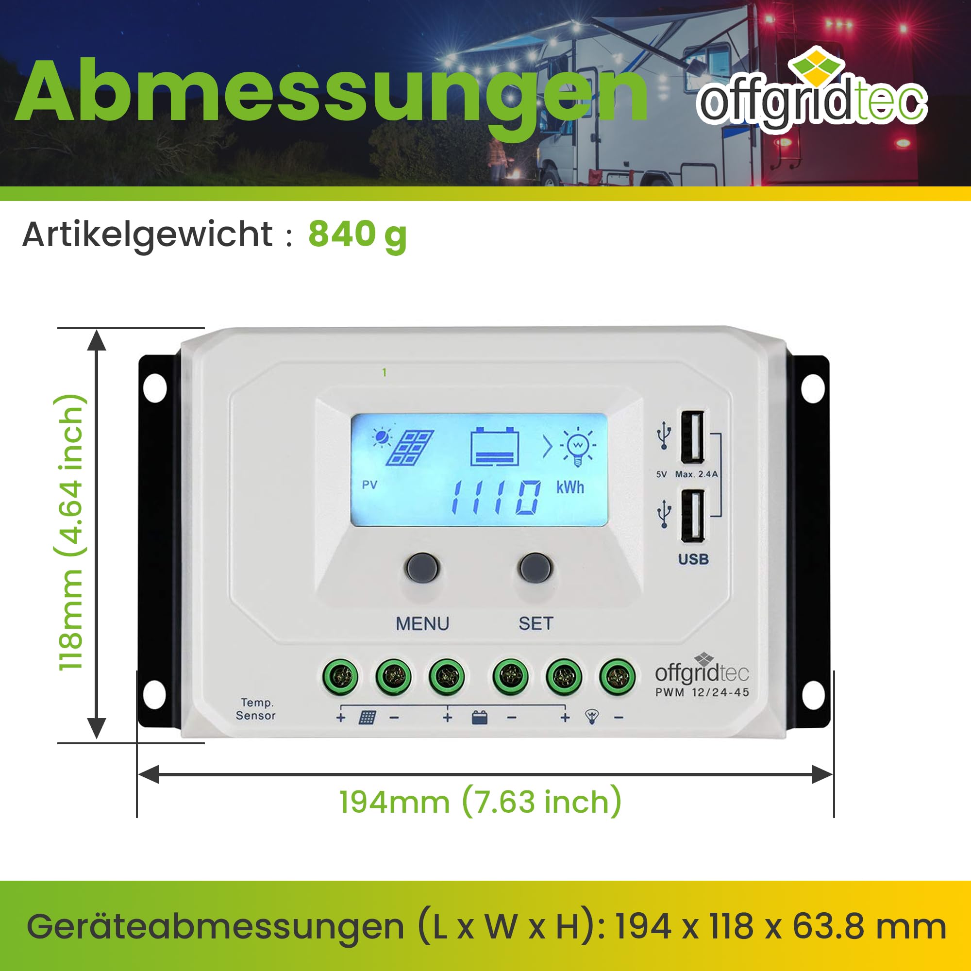 Offgridtec® PWM Pro Laderegler 12V/24V 45A USB