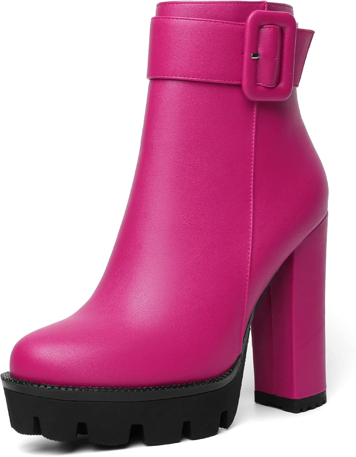 Mettesally Womens Platform Buckle Ankle Boots Round Toe Chunky Block High Heels Side Zipper Short Boots Office Winter Shoes