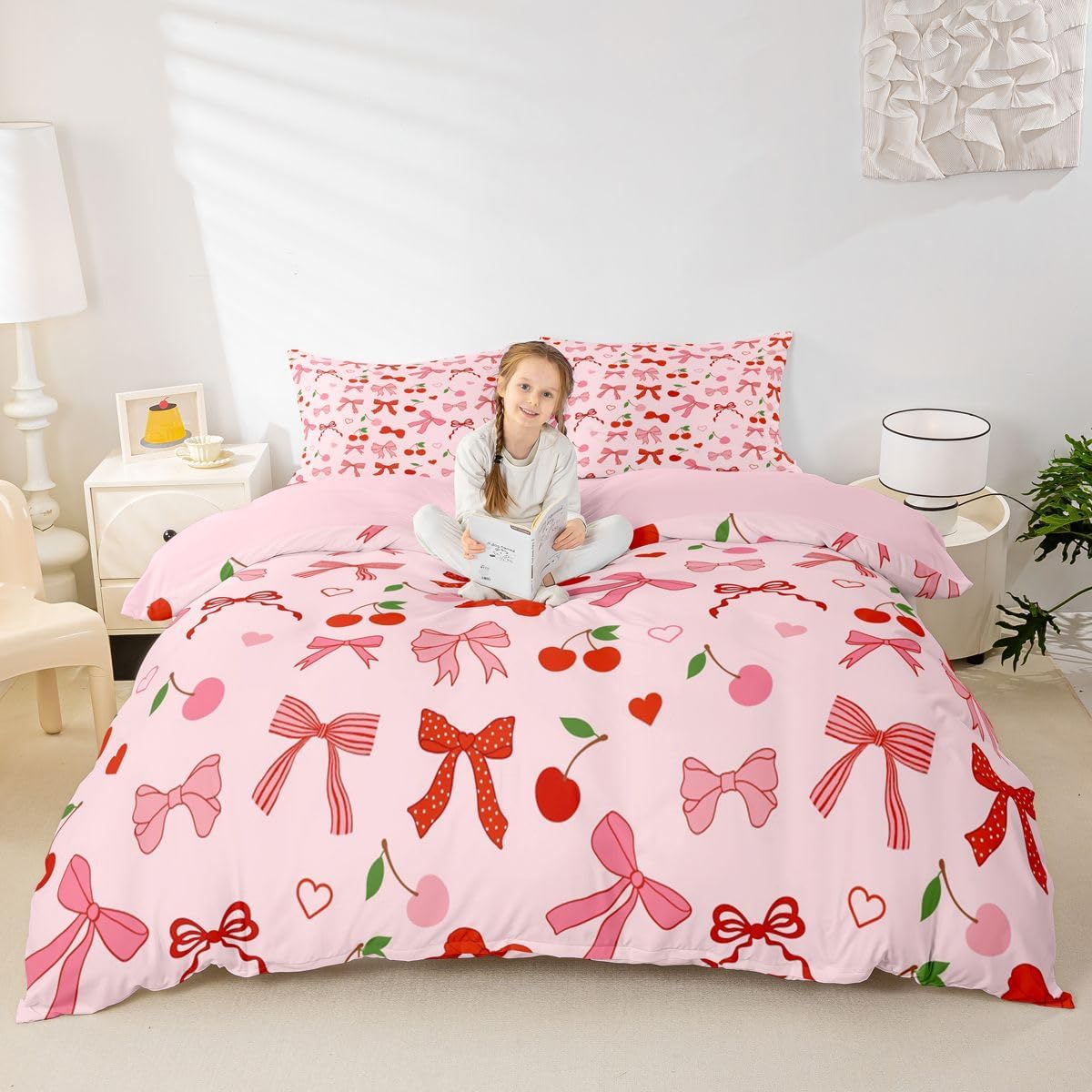 Manfei Cute Bowknot Duvet Cover Set Full Size,Kawai Red Pink Cherry Bow Bedding Set 3pcs,Cartoon Fruits Bow Tie Quilt Cover with Zipper Closure,Kids Boys Girls Room Decor,2 Pillowcases,No Comforter