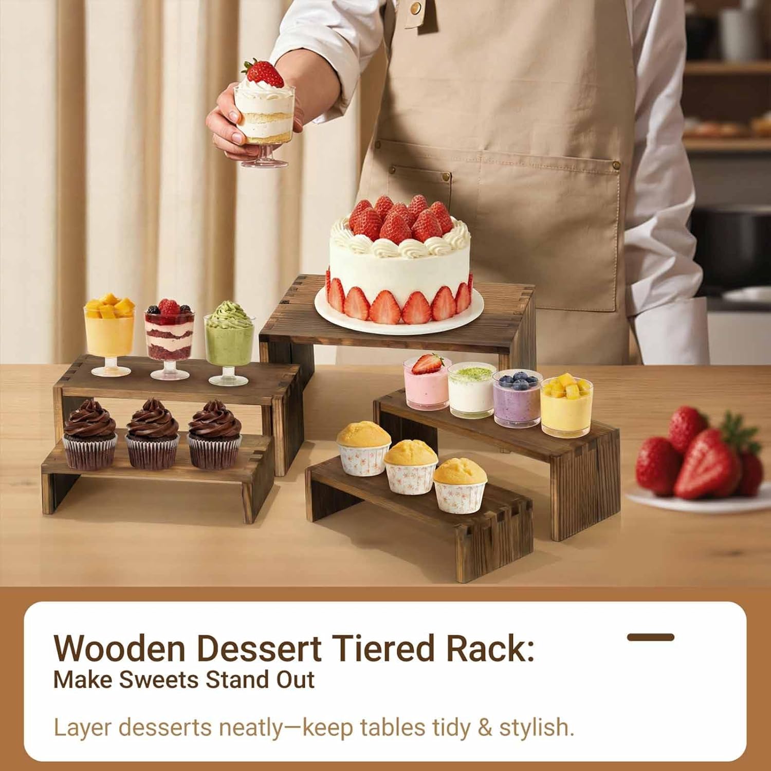 3-Tier Wood Display Riser 2 Set, Tiered Display Stand for Food, Kitchen, Desk & Party - Solid Pine Wooden Shelf & Organizer for Plants, Collectibles, Office (9.5/8.5/7.5 In) - Image 4