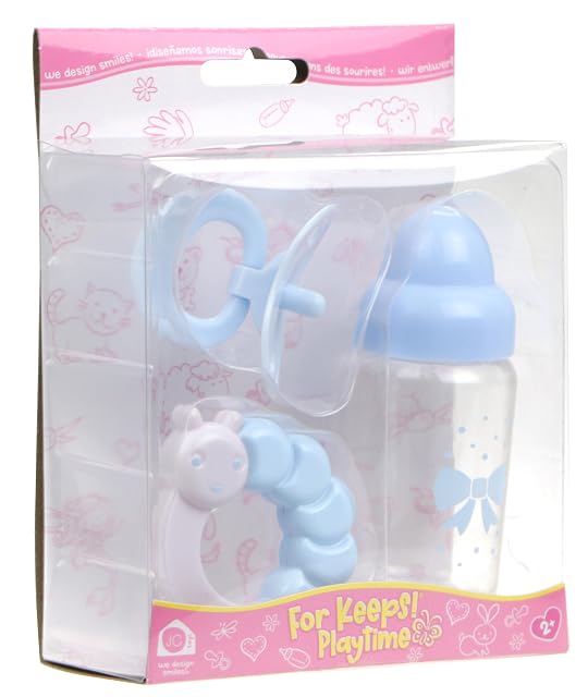 Foto 4 de 5 de JC Toys- Set de 3 accesorios para muñecas (biberón, chupete y sonajero), azul