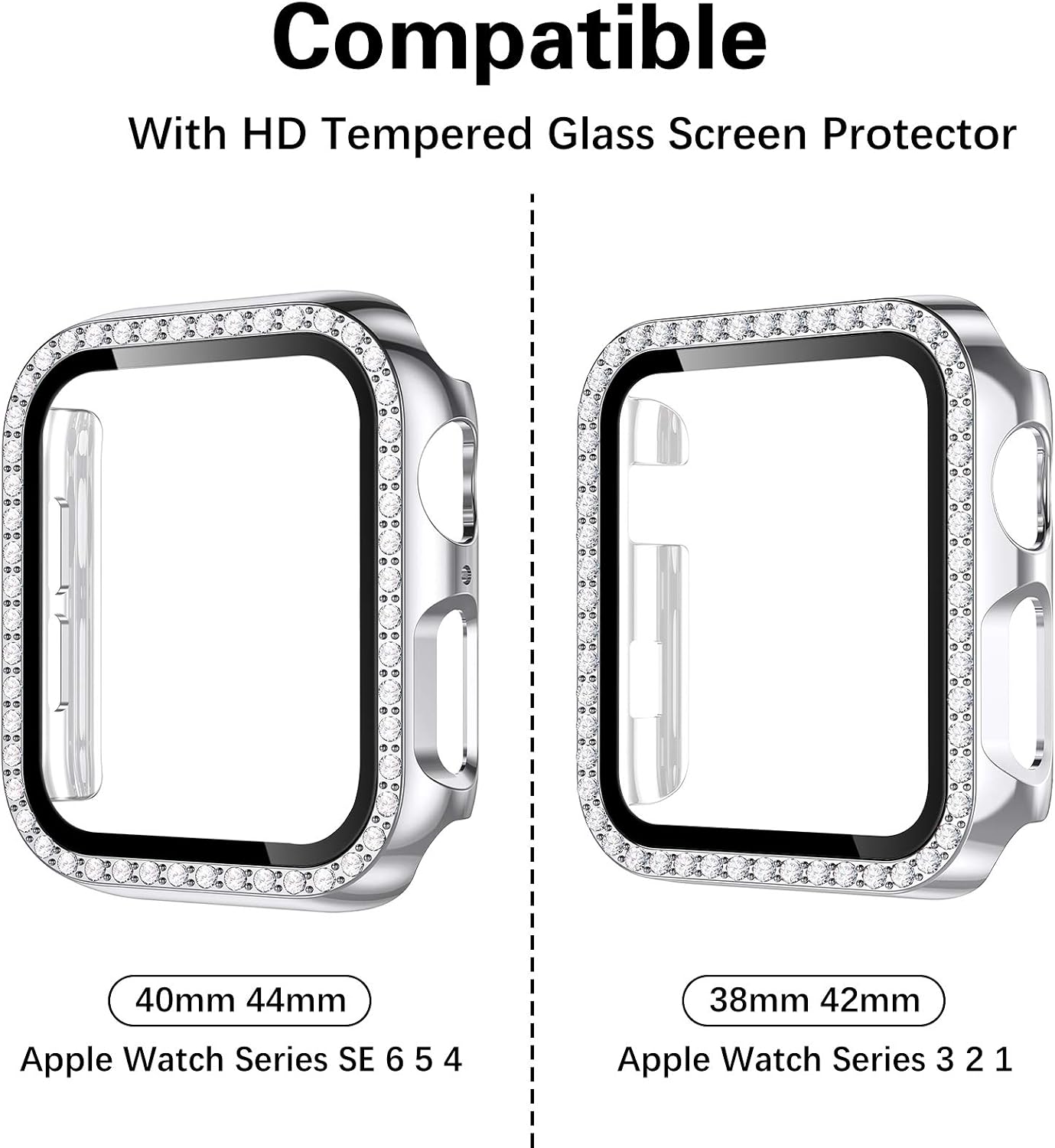Mastten Diamond Screen Protector Case Compatible with Apple Watch 42mm, Bling Crystal PC Protective Case Bumper with Tempered Glass Screen Compatible with iWatch Series 3/2/1, Silver