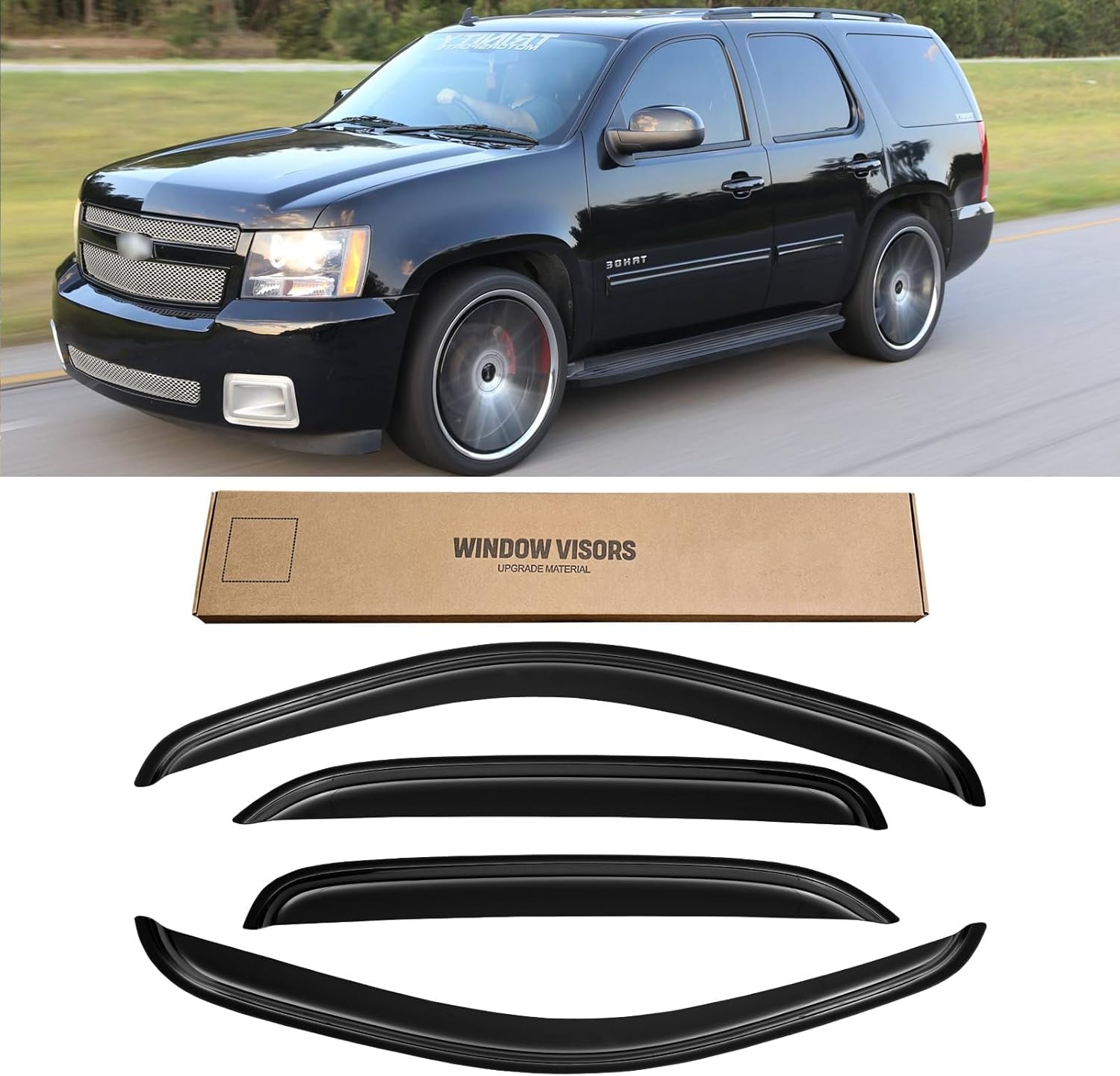 window visors for chevy chevrolet tahoe & gmc yukon 2007-2014 (not fit yukon xl), rain guards shield vent shade deflector dark smoke 2008 2009 2010 2011 2012 2013, tape-on, 4pcs for 2007-2014 chevy chevrolet tahoe/gmc yukon