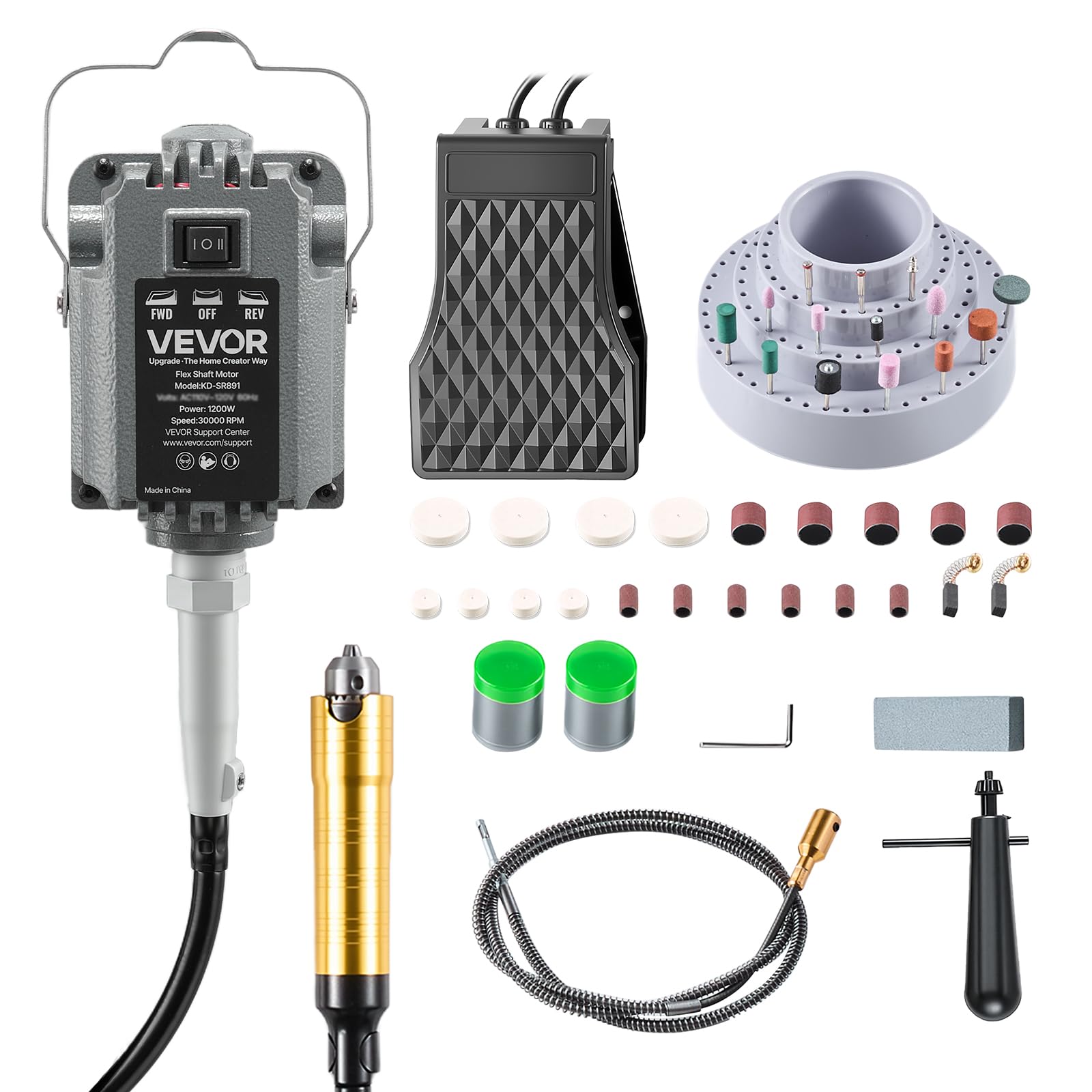 VEVOR Amoladora de Eje Flexible 1200 W 30.000 RPM, Herramienta Rotativa Eléctrica de Eje Flexible, Amoladora Colgante con Control de Pedal, Kit de Accesorios de 112 Piezas para Lijar, Pulir, Cortar