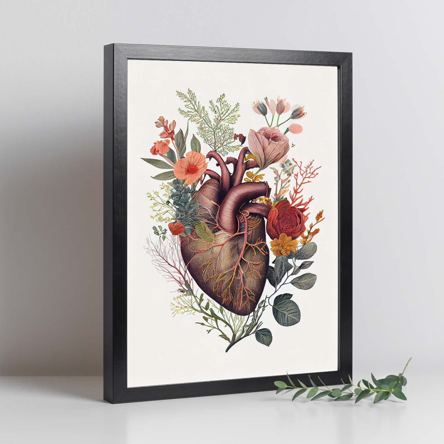 Nacnic anatomiczny plakat serca na białym tle kolorowa ilustracja części ludzkiego ciała z kwiatami Czarna ramka A3