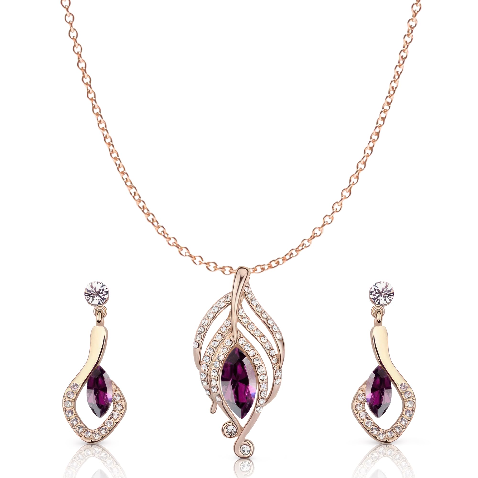 Crystalline Azuria Mujer 18ct Chapado en Oro Rosa Cristales Amatista simulada Juego de joyas Collar con Colgante 45 cm Pendientes para Mujer y Niña