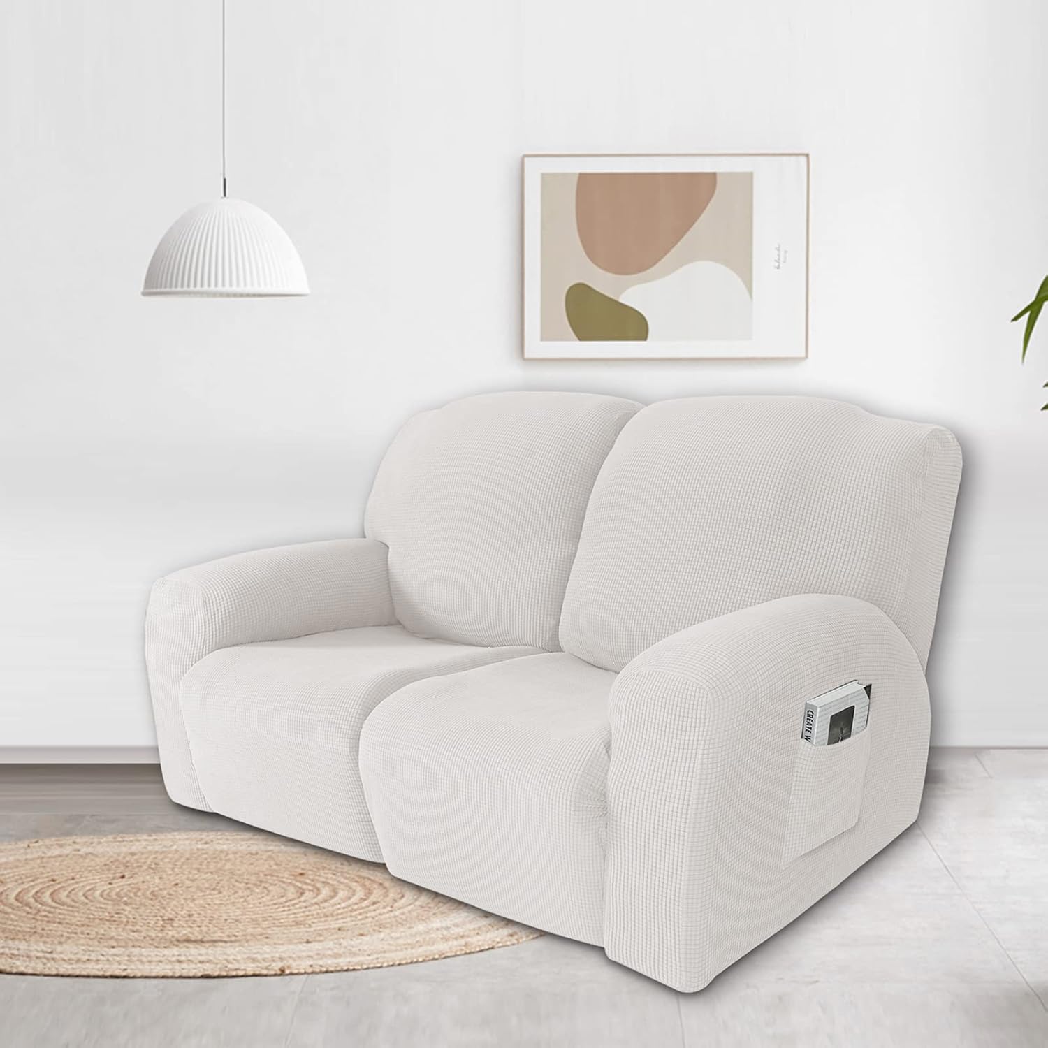 Stretch Jacquard Recliner Cover 6 Piece, Soft Recliner Chair Cover with Elastic Bottom Recliner Slipcover Furniture Protector -White-6 Pieces