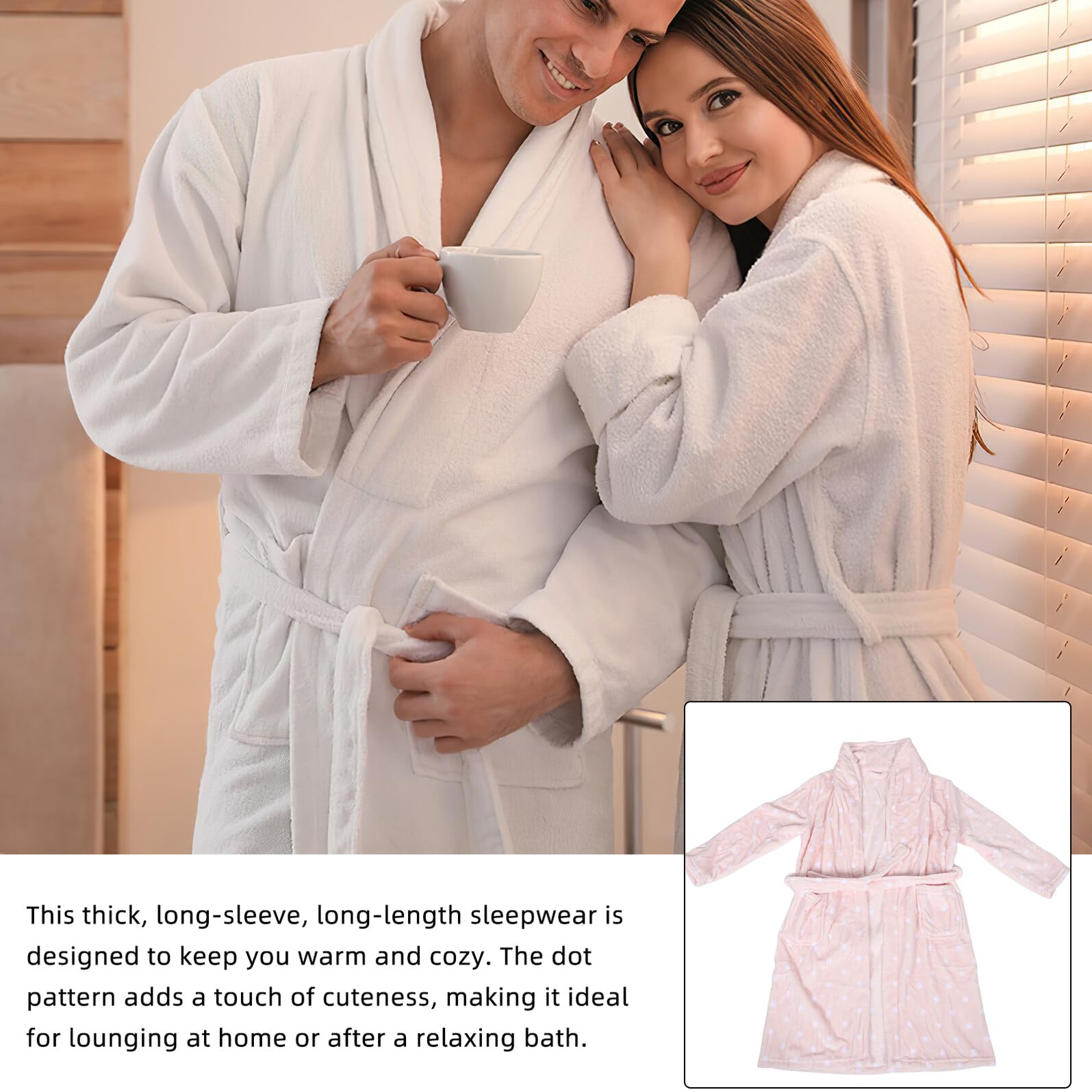 KOMBIUDA Albornoz de Franela para Mujer con Manga Larga Diseño y Puntos Adorables Cálido y Resistente para Después Ducha y Uso Otoño Invierno