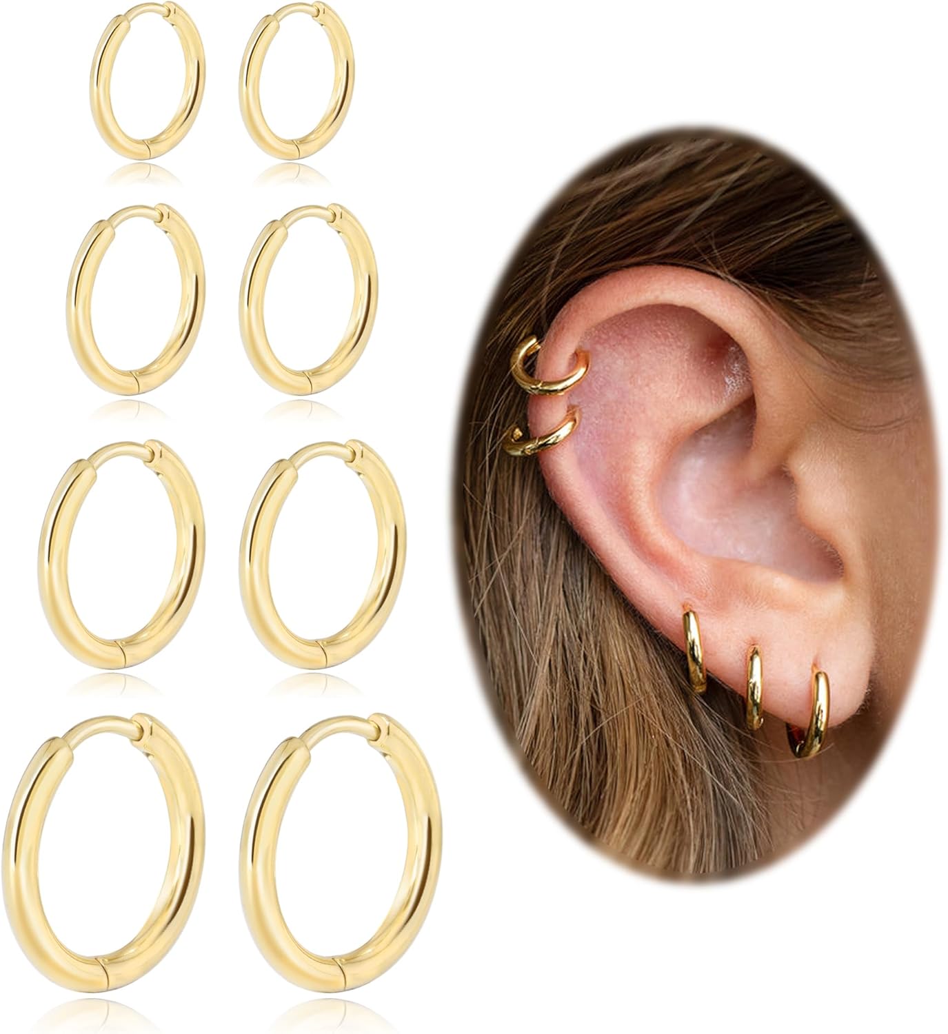 Small Hoop Earrings for Women Men Girls 14k Real Gold Plated Thin Gold Huggie Hoops Set for Cartilage Helix Hypoallergenic Surgical Stainless Steel 6/8/10/12mm