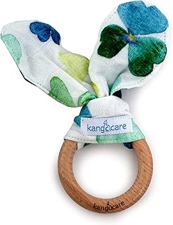 Kanga Care Baby Soft Muslin Sensory Crinkle Bunny Ear Wood Teething Ring - Clover Leaf