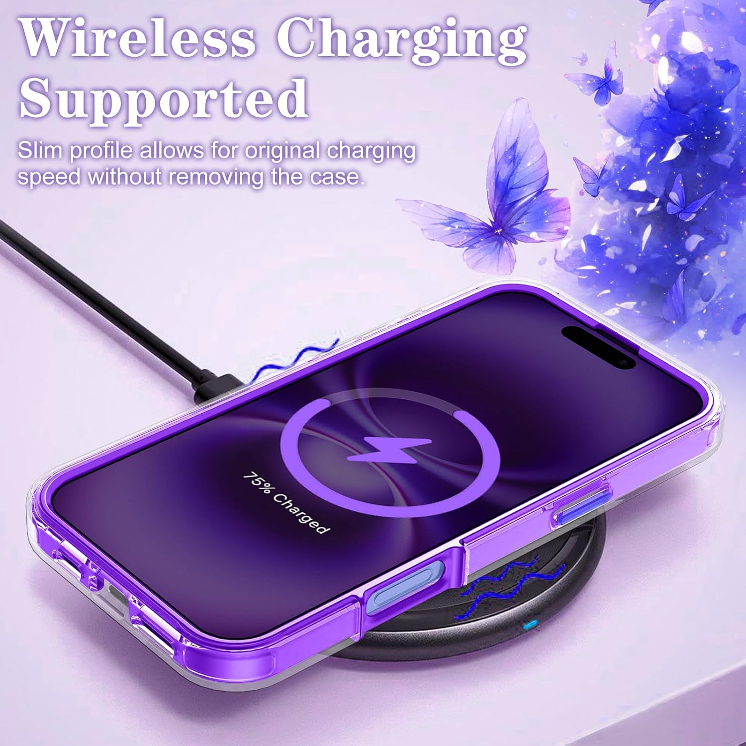 Rancase for iPhone 16 Plus Case with Screen Protector, Clear Butterfly Design, Removable Frosted Glitter Card, Hard PC&TPU Bumper Shockproof Protective Full Body Rugged Phone Cover Women, Purple - Image 9