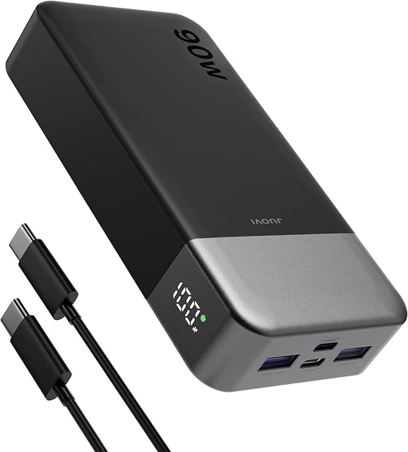 JUOVI Laptop Power Bank 20000mAh 90W USB C Portable Charger Fast Charging 4-Port(2C+2A) External Battery Pack for MacBook Laptop Tablet Phone Galaxy Steam Deck, Perfect for Travel & Business