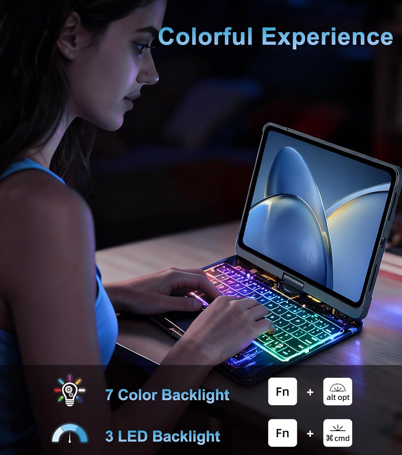 Transparent Case with Wireless Keyboard for 10.9in iPad 10th, 3-Brightness & 7-Color, 360°Rotating,trackpad, Pencil Holder, Power Indicator, Black