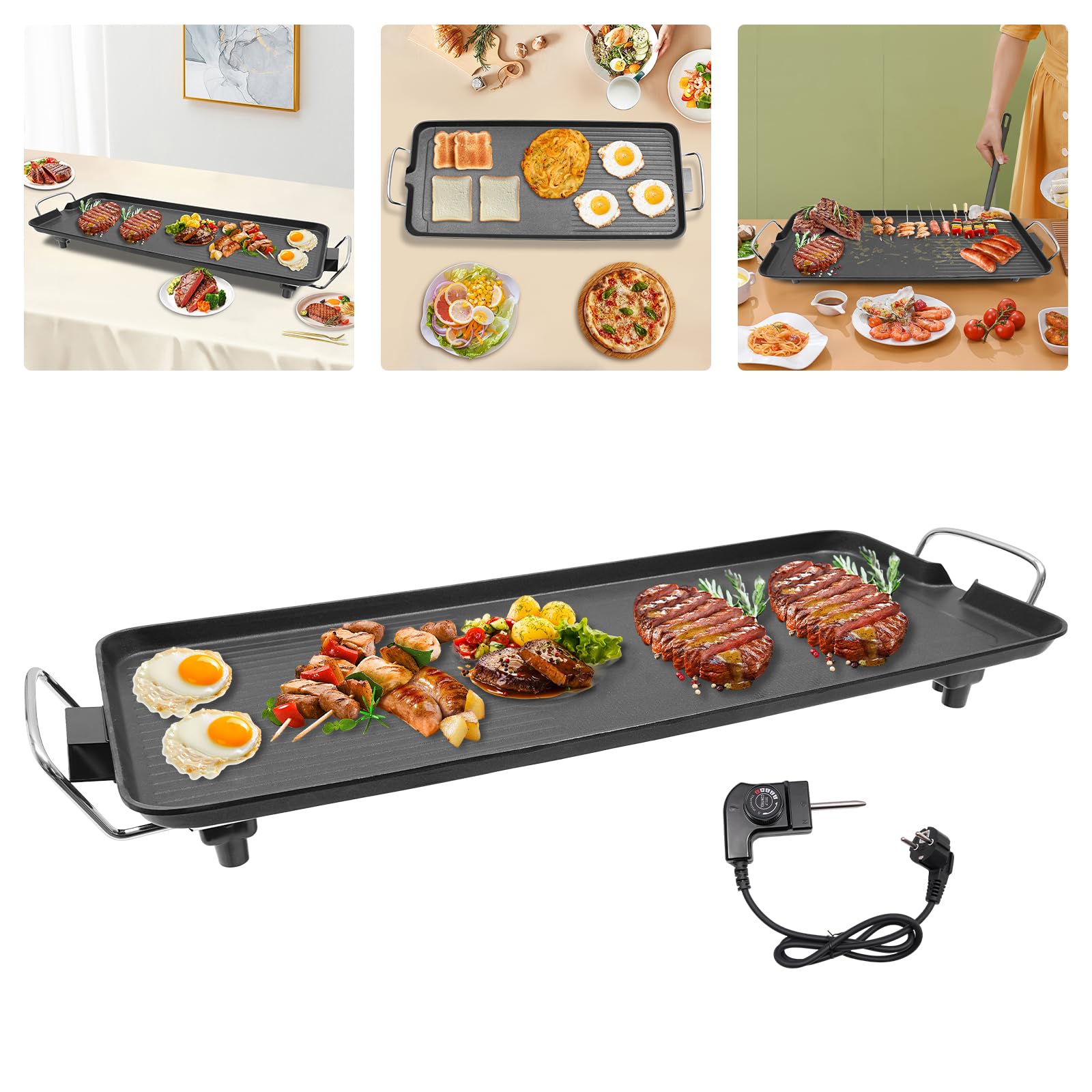 Elektrischer Tischgrill, Balkongrill Elektro, Grill Elektro Utomhus, 1500W Plancha Teppanyaki Grillplatte, mit Antihaftbeschichtung, Grillspaß für bis zu 6 Personen, 68 x 28cm