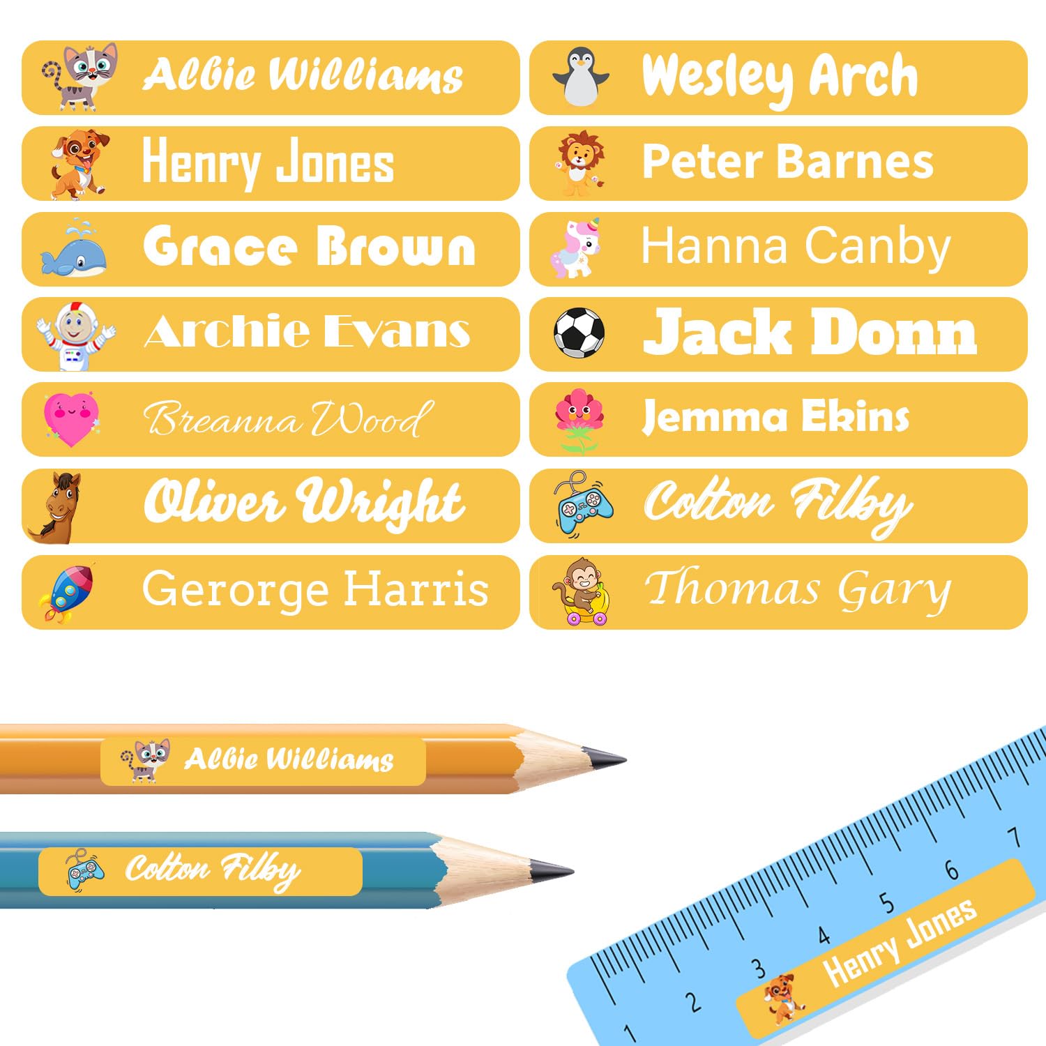 60 Personalised Stick on Name Labels Tags for School Books Bottle Boxes Bags Pencil Name Tags Washable Waterproof No Iron Sticker (Orange)