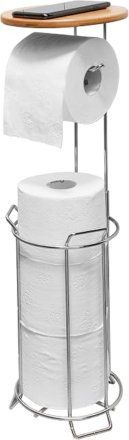 J JACKCUBE Design Toilet Paper Roll Holder Stand and Dispenser with Bamboo Shelf for Mobile Phone - Bathroom Storage Holds 4 Rolls - MK466A