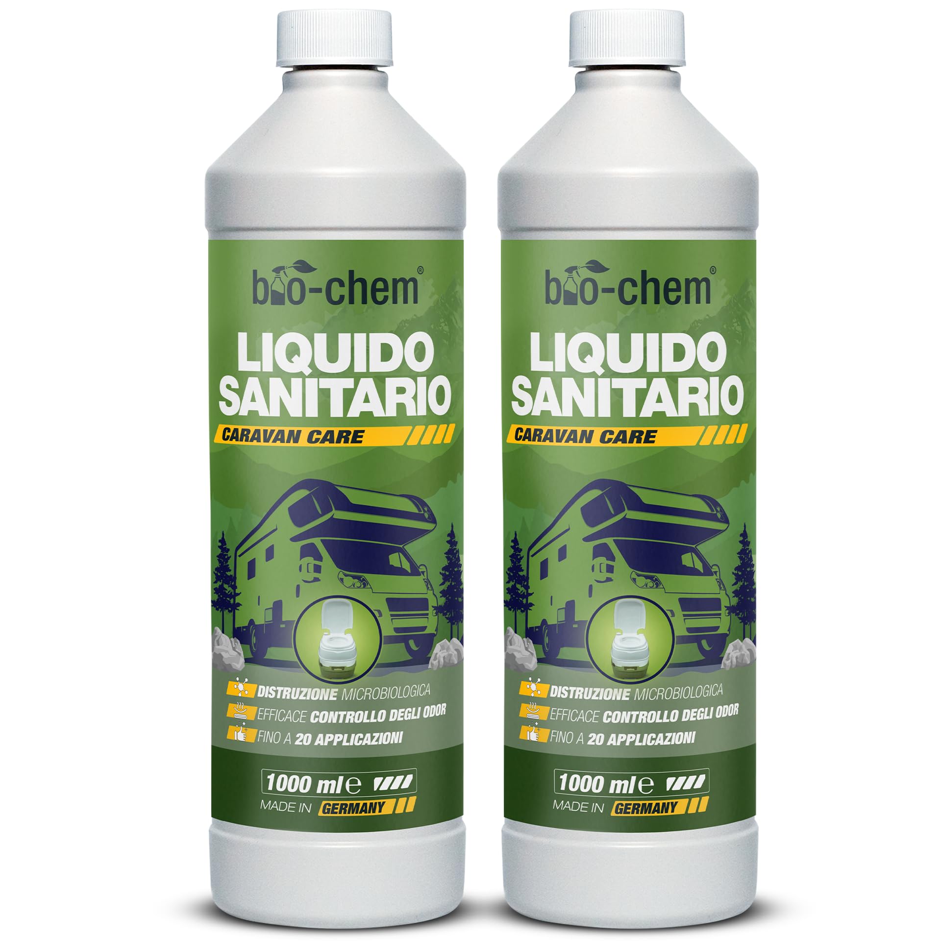 bio-chem - Liquido Sanitario 2L Nuova Formula con microrganismi per bagni chimici di roulotte - Additivo Sanitario concentrato per bagni Portatili da Campeggio - Bicchiere dosatore Incluso