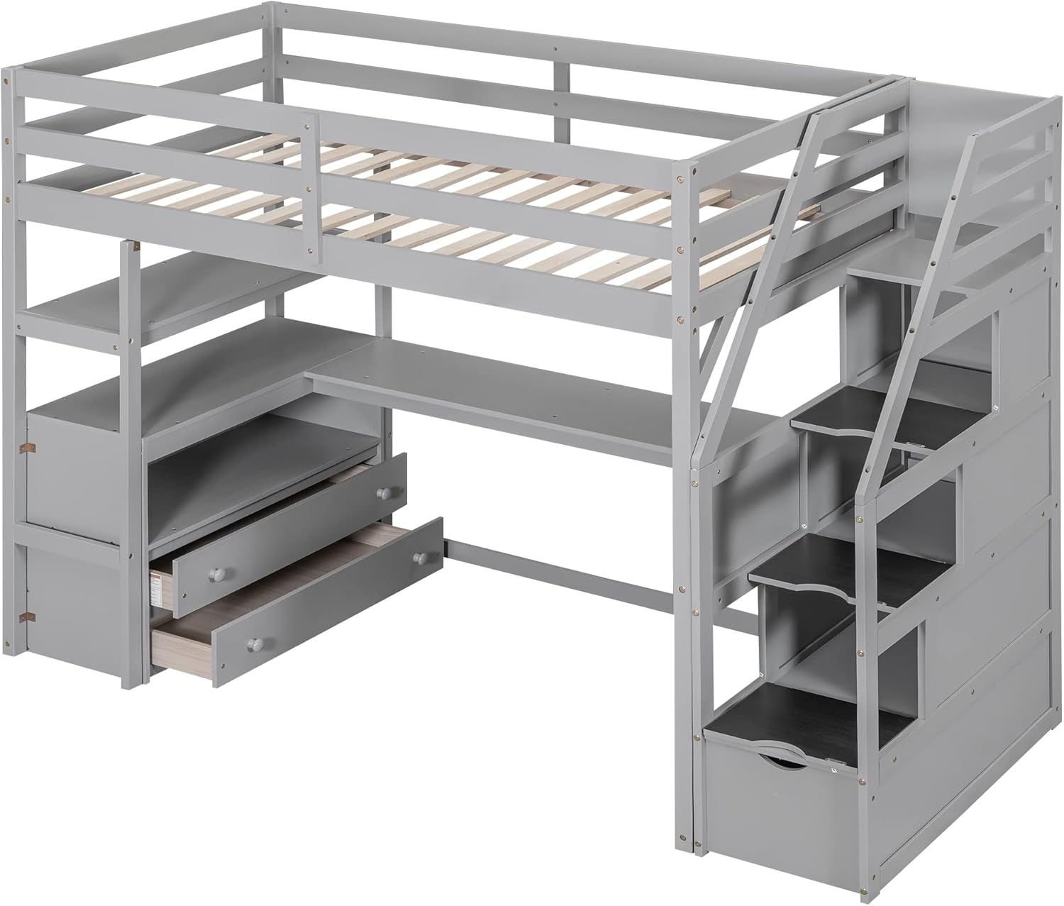 Twin Size Loft Bed with Desk and Storage Staircase, Solid Wood Twin Loft Bed Frame with Storage Shelves and 2 Built-in Drawers, Twin Storage Bed with Step for Kids Boys Girls Teens, Gray